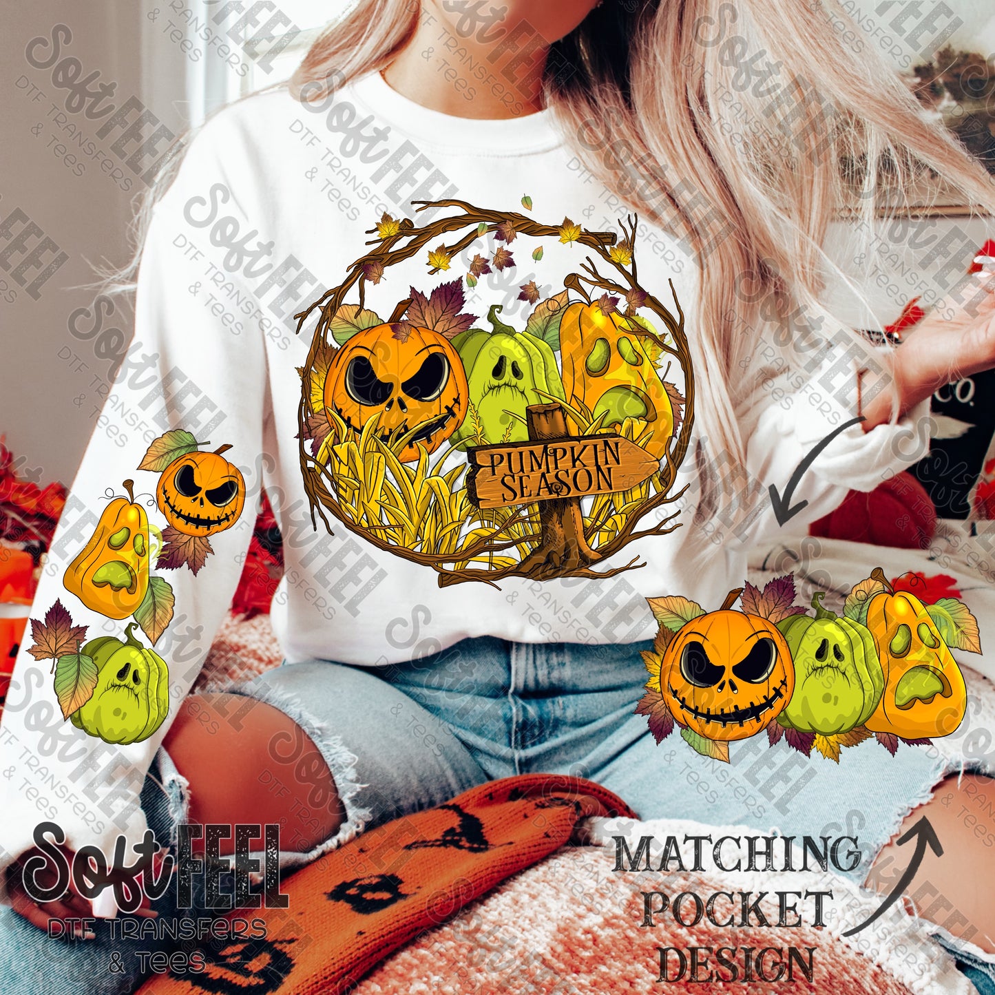 Pumpkin Season with Sleeves - Retro / Fall - Direct To Film Transfer / DTF - Heat Press Clothing Transfer