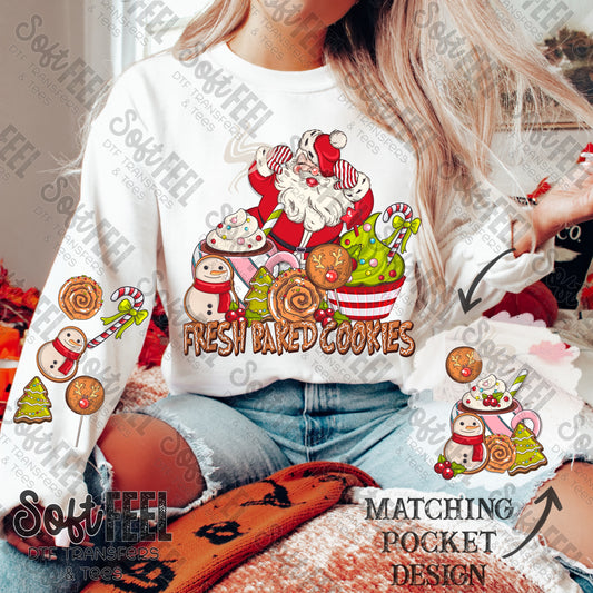 Fresh Baked Cookies Santa with Sleeves - Christmas - Direct To Film Transfer / DTF - Heat Press Clothing Transfer