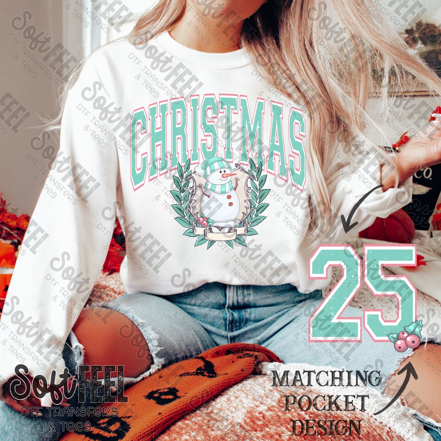 Christmas Varsity Snowman with Sleeves - Christmas - Direct To Film Transfer / DTF - Heat Press Clothing Transfer