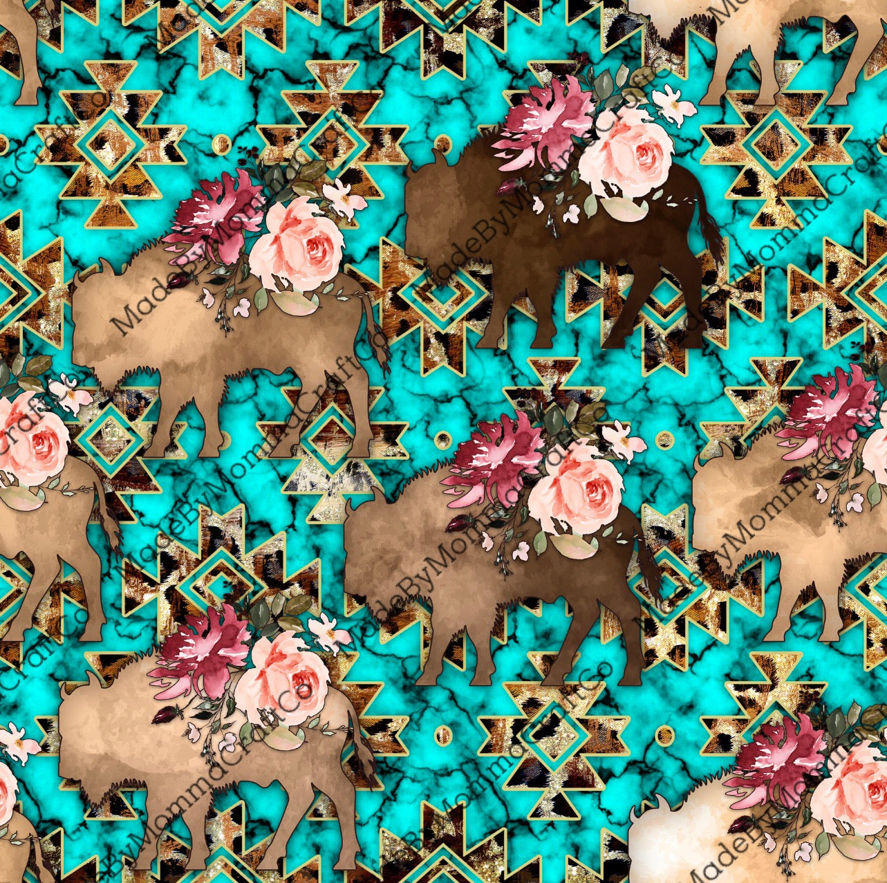 Turquoise Aztec Buffalo Flower - Vinyl Or Waterslide Seamless Wrap