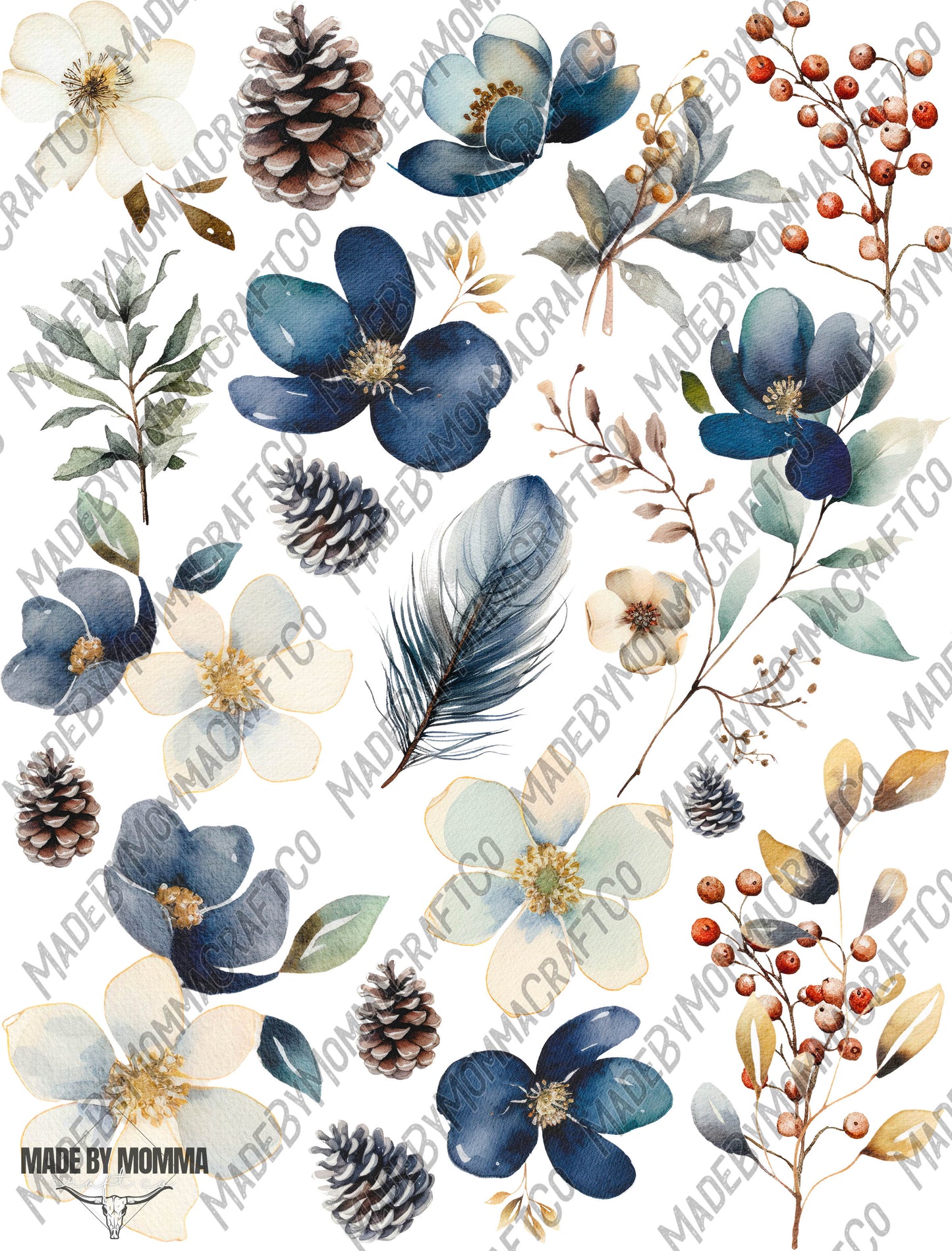 Indigo and White Florals - Cheat Clear Waterslide ™ or Sticker Themed Sheet  Elements Sheet