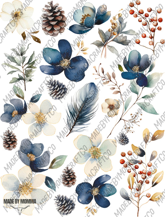 Indigo and White Florals - Cheat Clear Waterslide ™ or Sticker Themed Sheet  Elements Sheet
