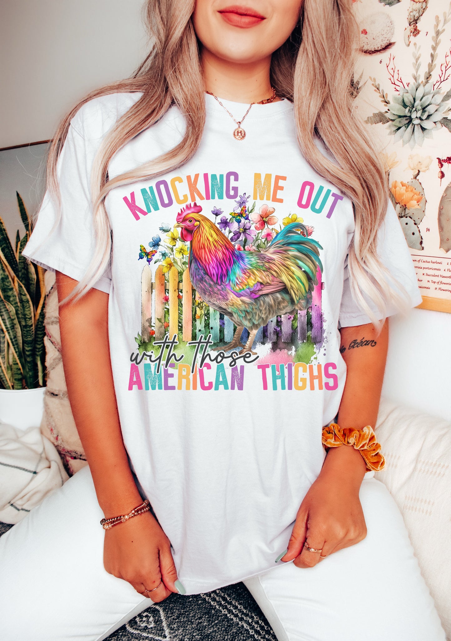 Knocking me out with those American Thighs Rooster - Humor / Music - Direct To Film Transfer / DTF - Heat Press Clothing Transfer