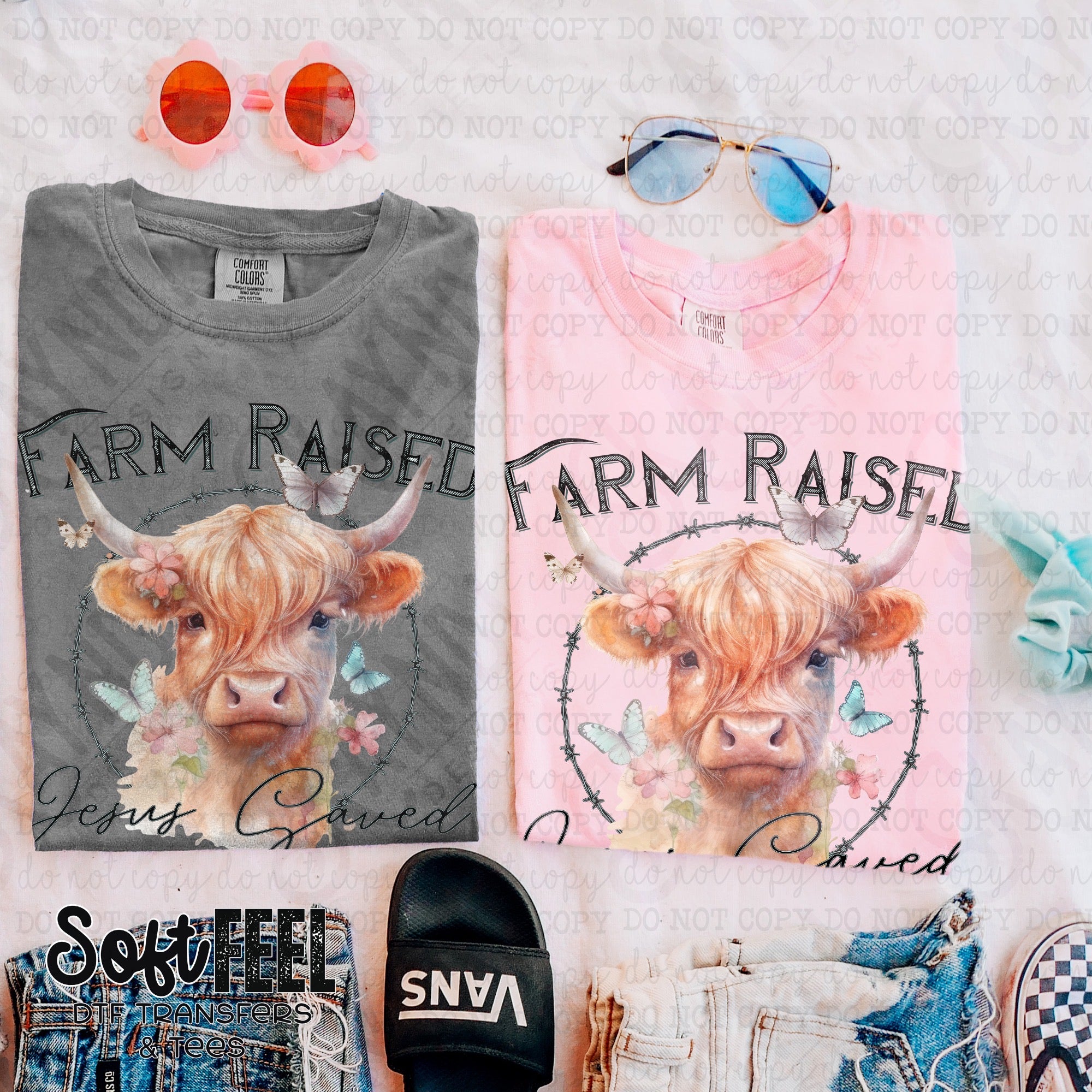 Farm Raised Jesus Saved Highland Cow - Country Western - Direct To Film Transfer / DTF - Heat Press Clothing Transfer