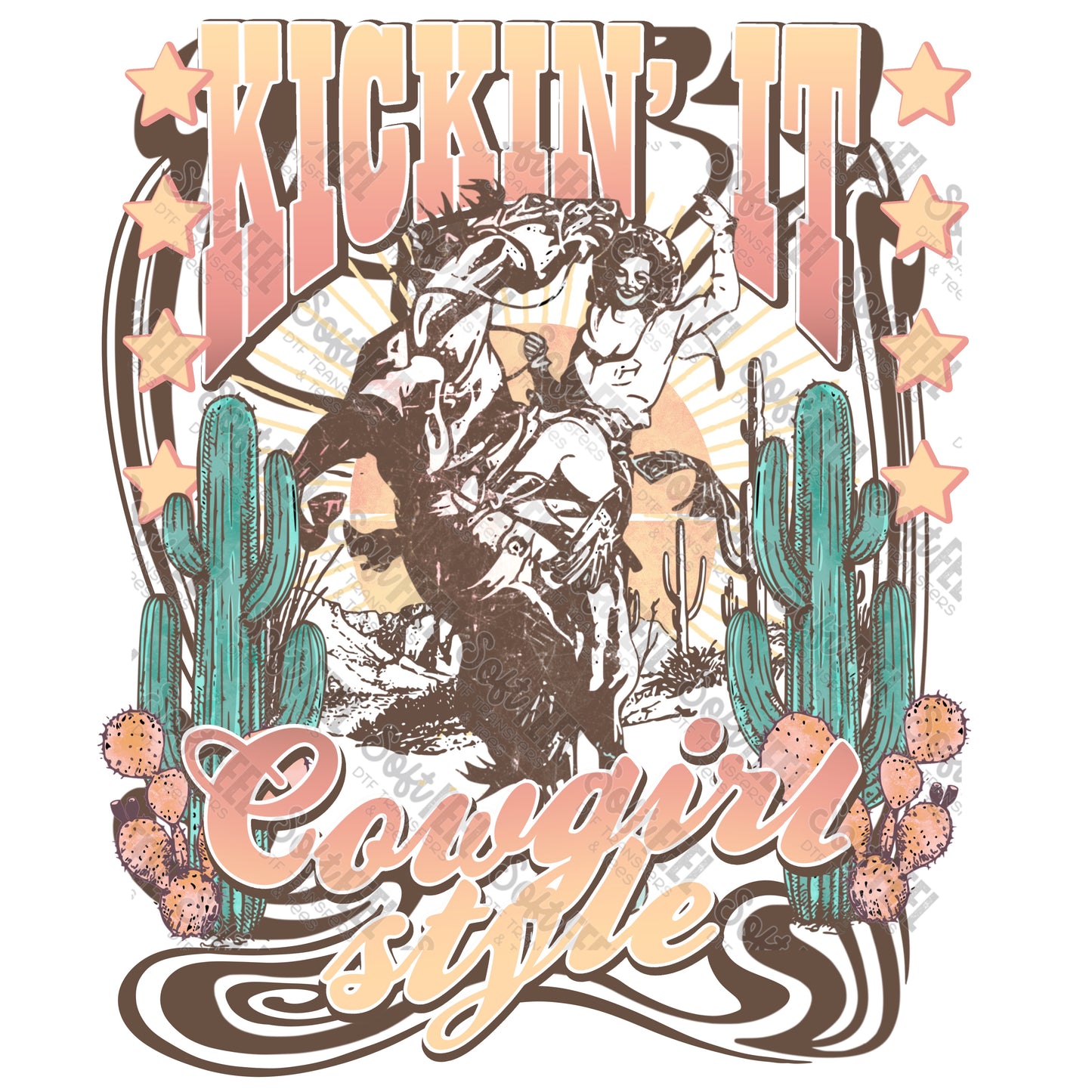 Kickin' It Cowgirl Style - Youth / Women's / Western - Direct To Film Transfer / DTF - Heat Press Clothing Transfer