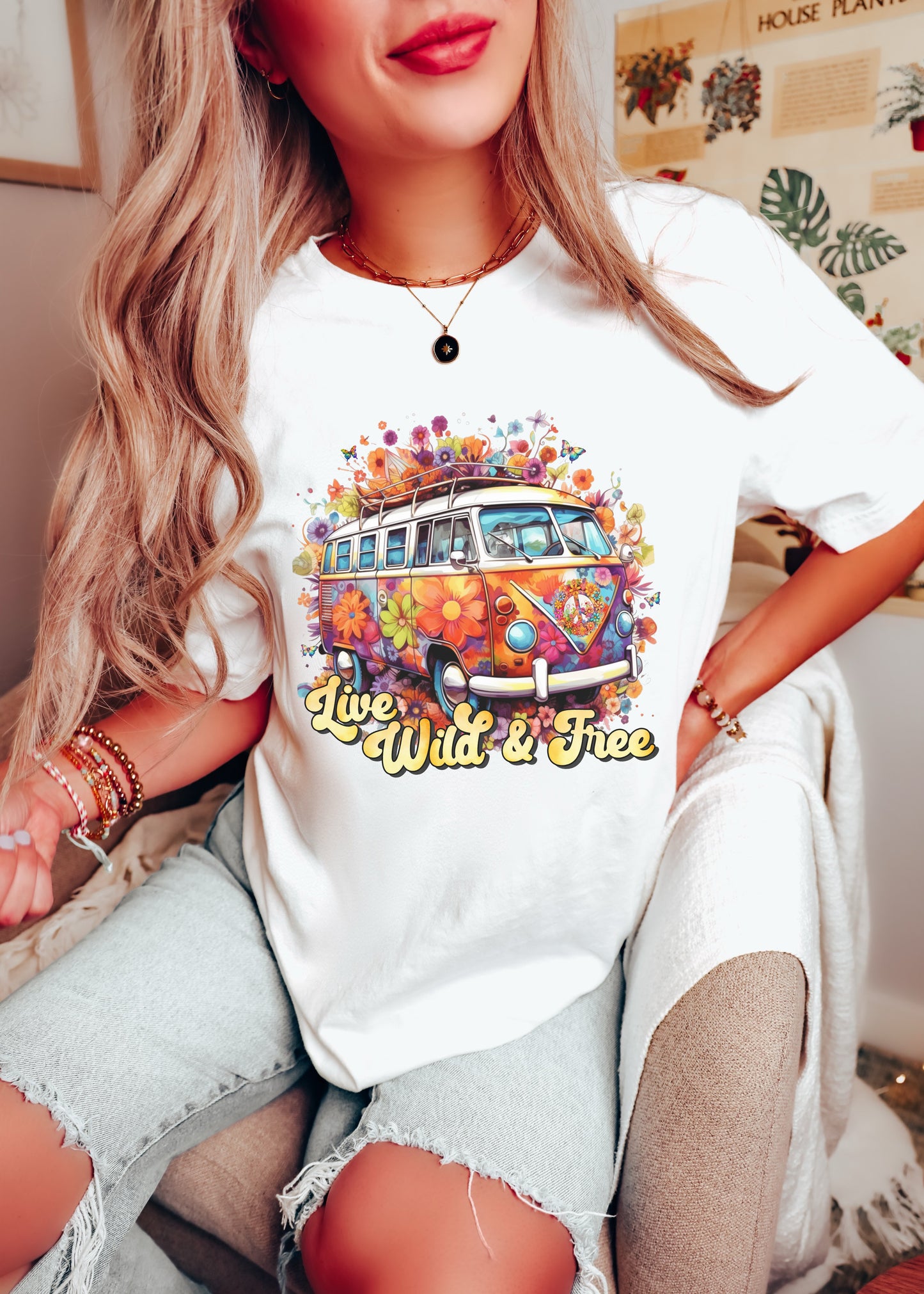 Live Wild and Free Van -Retro / Hippie Gypsy - Direct To Film Transfer / DTF - Heat Press Clothing Transfer