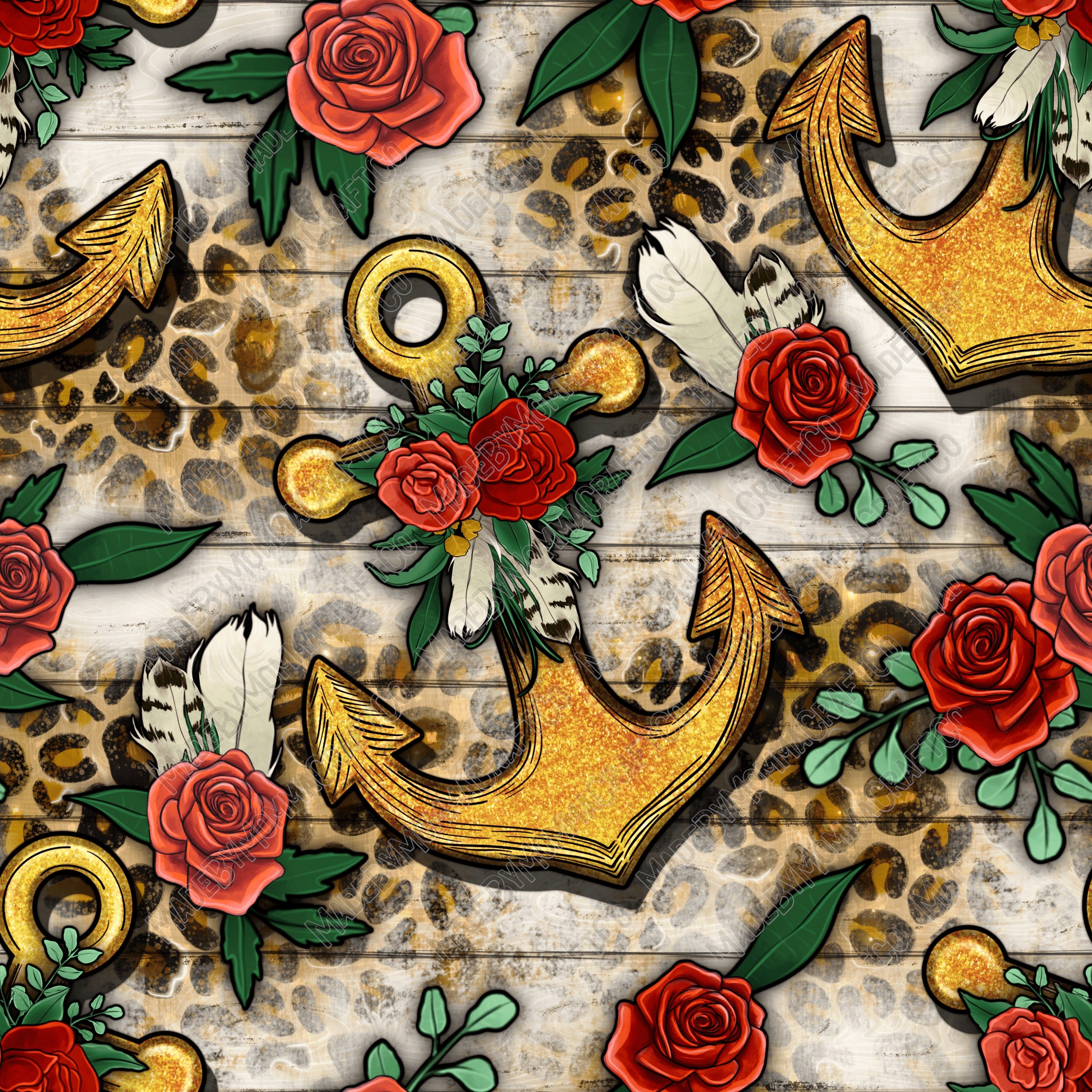 Lake Gold Anchor And Flowers With Leopard - Vinyl Or Waterslide Seamless Wrap
