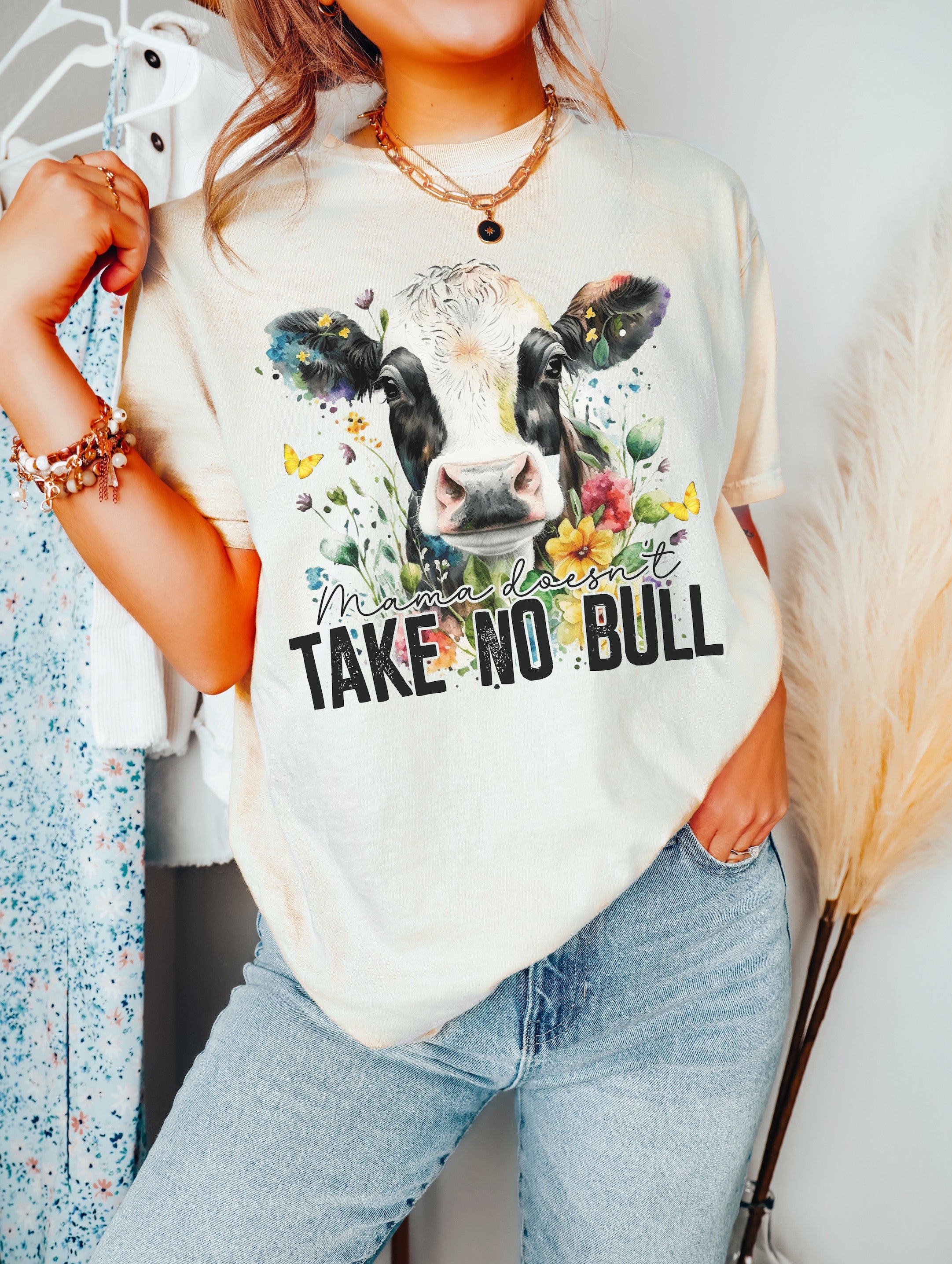 Mama Doesn&#39;t Take No Bull Cow - Western / Women&#39;s - Direct To Film Transfer / DTF - Heat Press Clothing Transfer