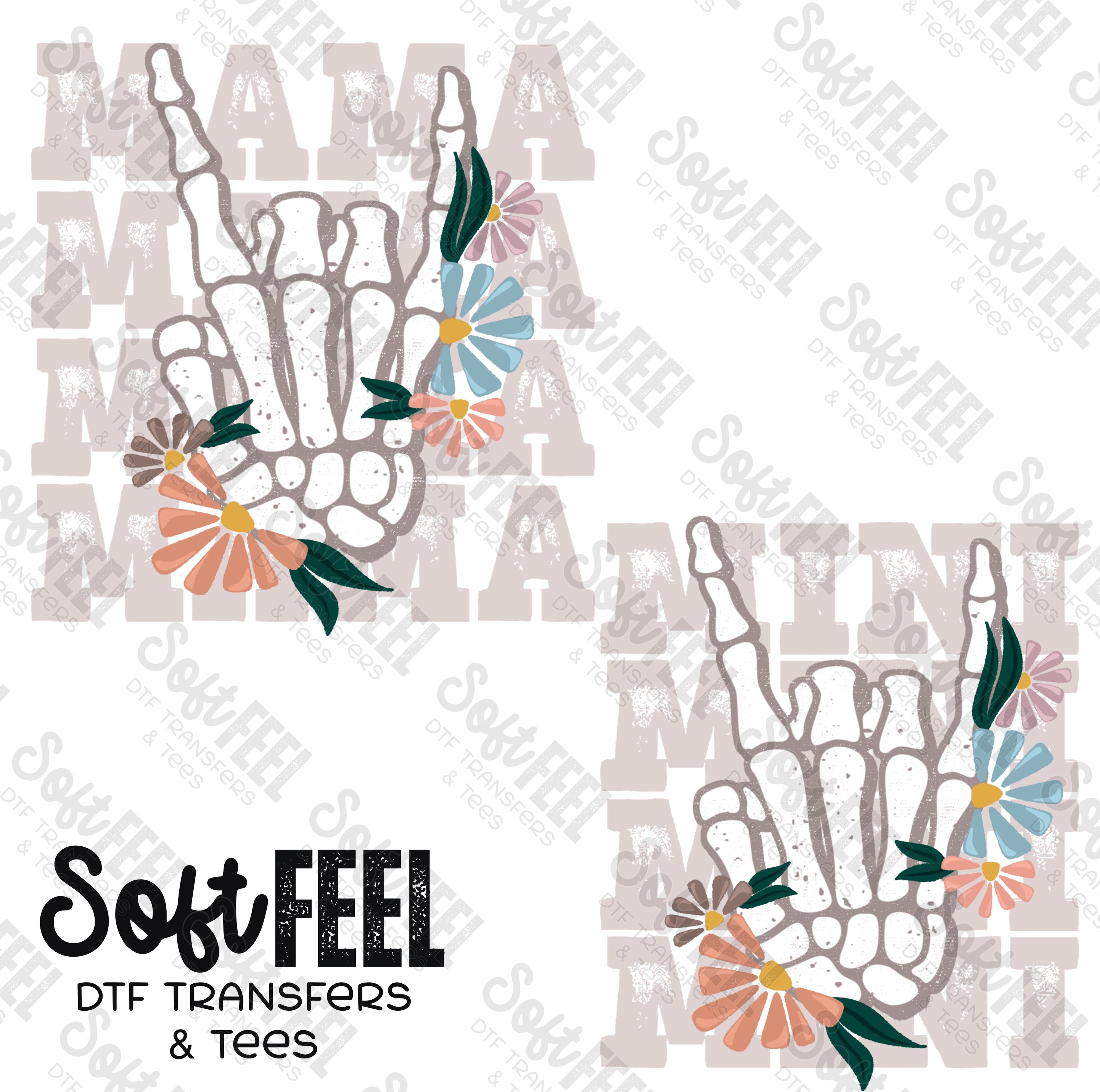 Mama Mini Floral Skeleton - Mama Mini Set / Youth / Women&#39;s - Direct To Film Transfer / DTF - Heat Press Clothing Transfer