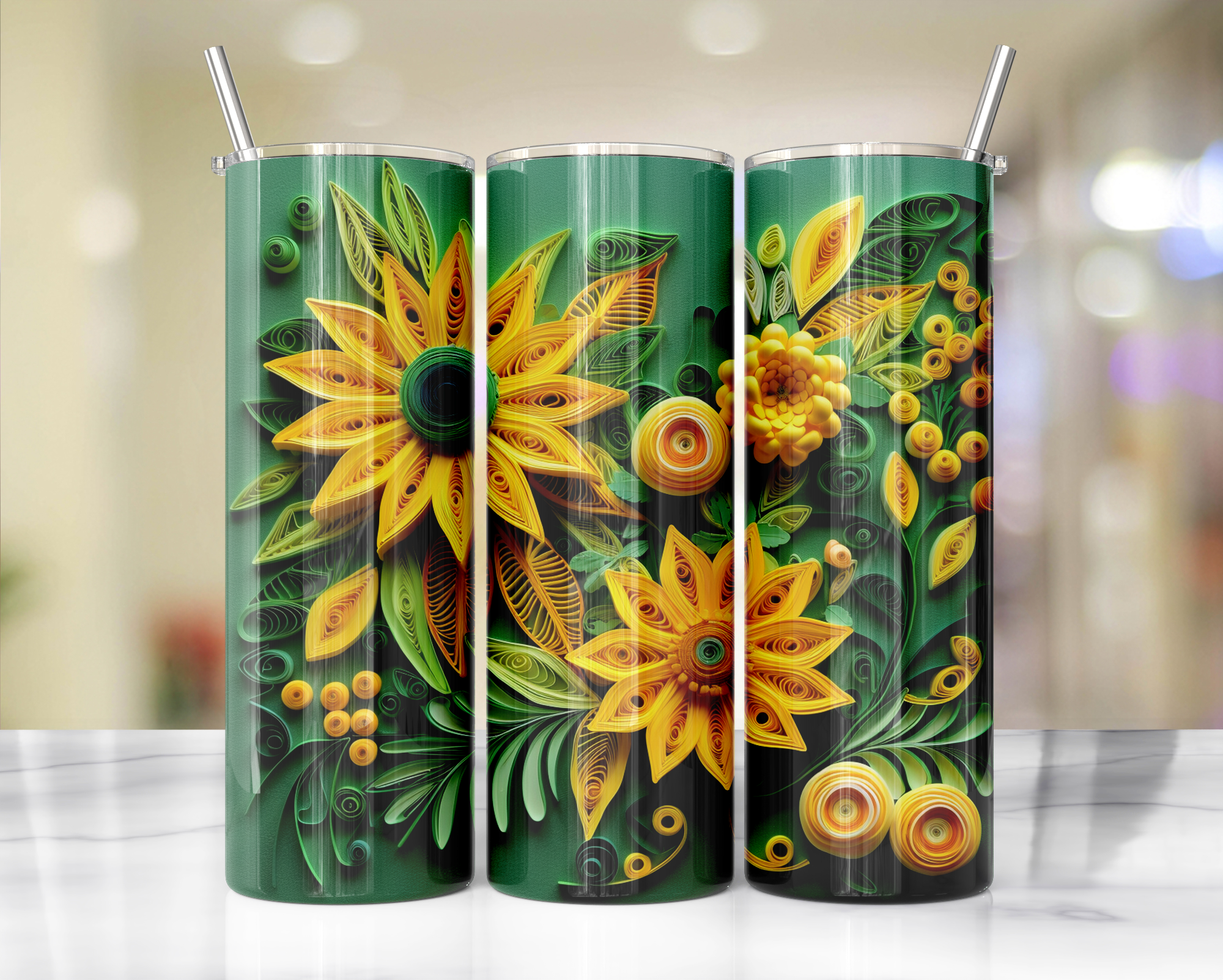 Green And Orange Summer Quill Flowers 35 Sublimation or Waterslide Wrap - 20oz and 30oz