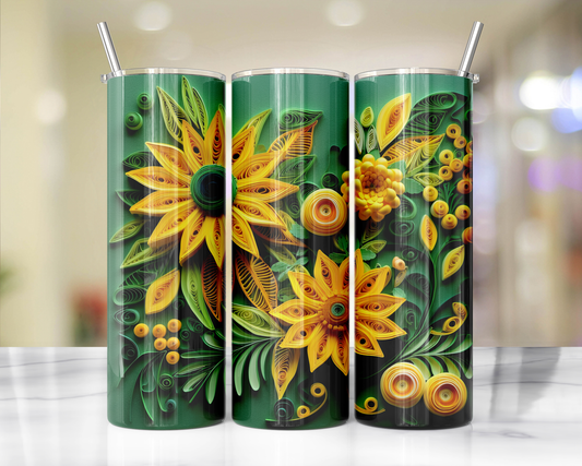 Green And Orange Summer Quill Flowers 35 Sublimation or Waterslide Wrap - 20oz and 30oz
