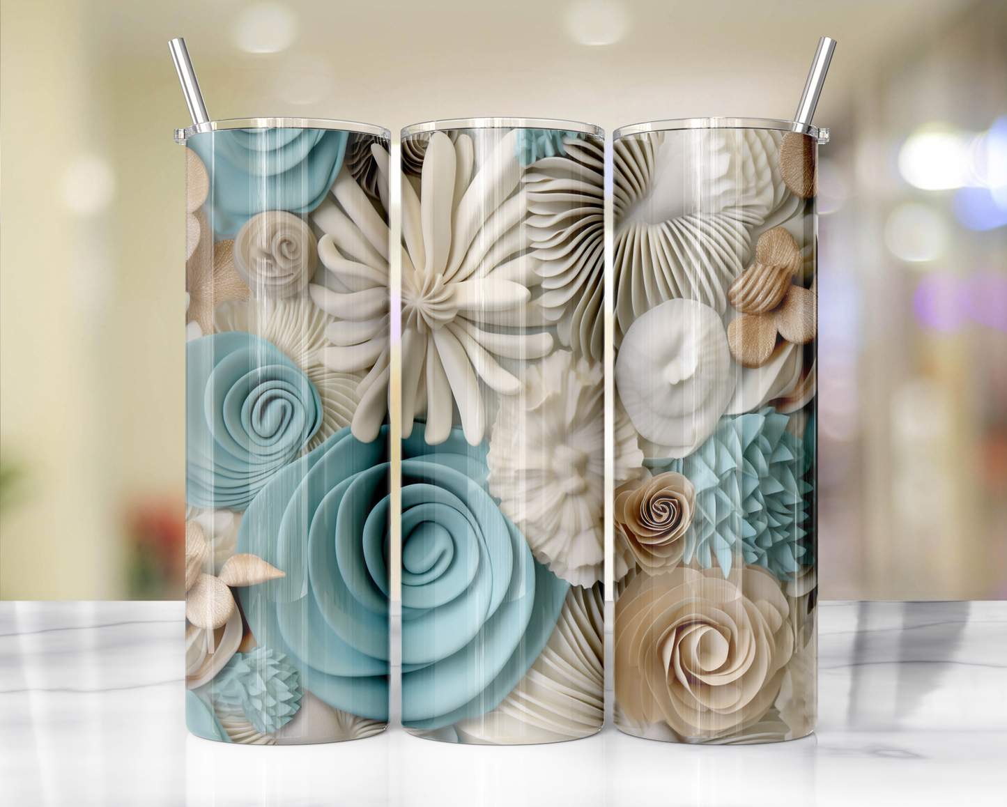 3D Pale Blue QUILL FLOWERS 4 Sublimation or Waterslide Wrap - 20oz and 30oz