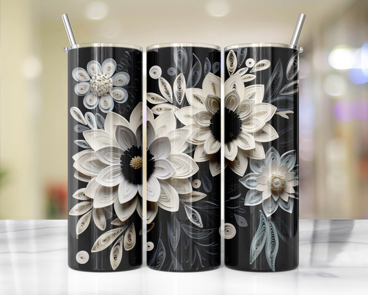 Black And White Quill Flowers 48 Sublimation or Waterslide Wrap - 20oz and 30oz