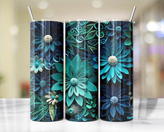 Blue And Teal Quill Flowers 52 Sublimation or Waterslide Wrap - 20oz and 30oz