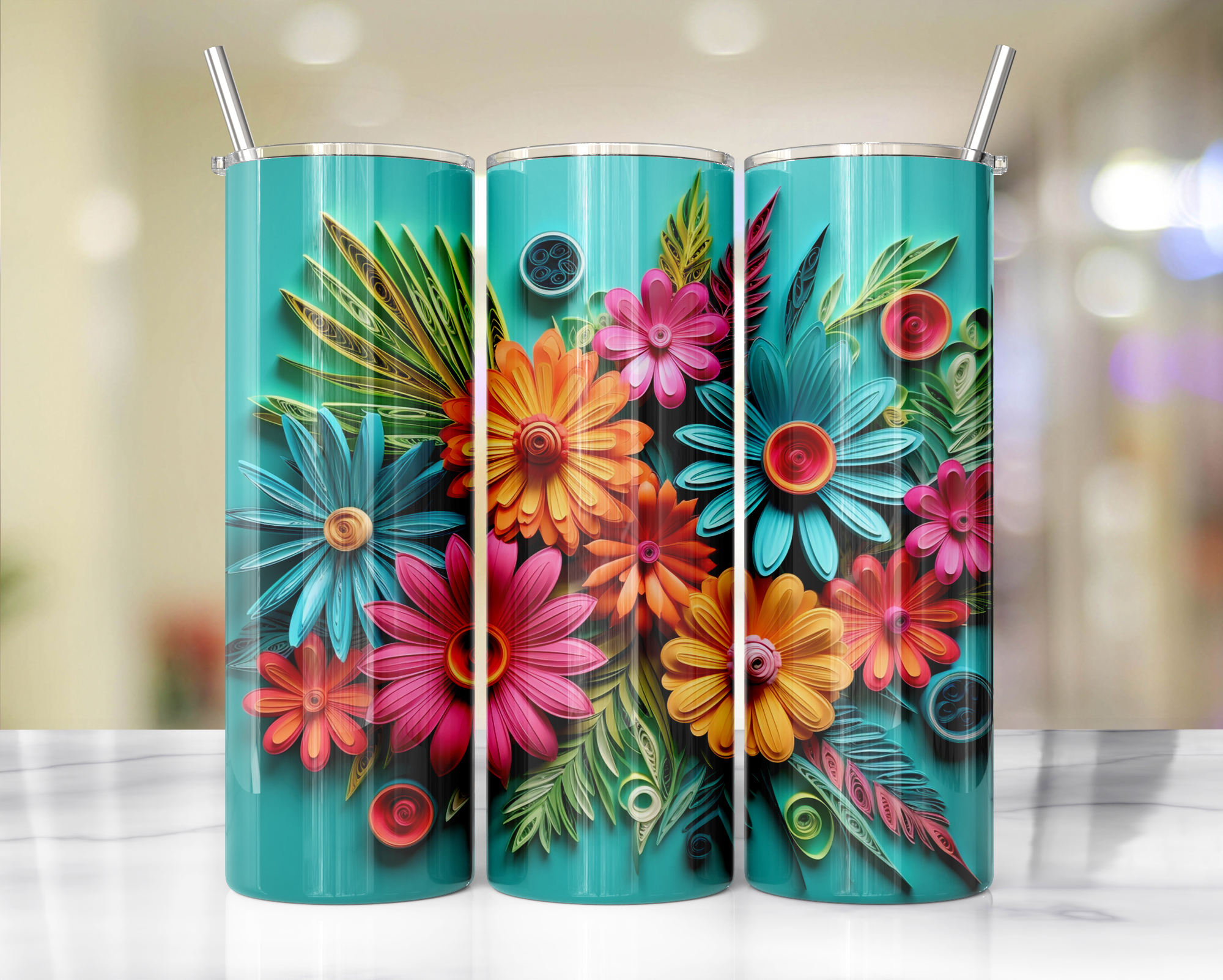 Bright Colored Quill Flowers 65 Sublimation or Waterslide Wrap - 20oz and 30oz