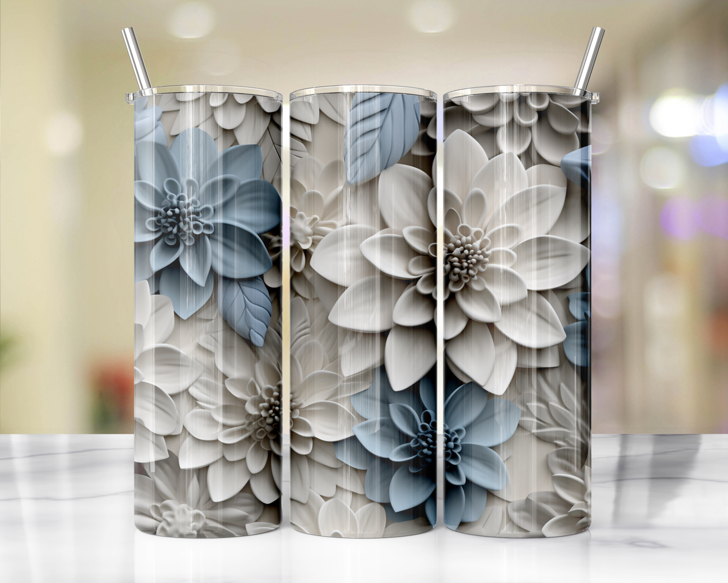 3D Blue and Grey QUILL FLOWERS 7 Sublimation or Waterslide Wrap - 20oz and 30oz