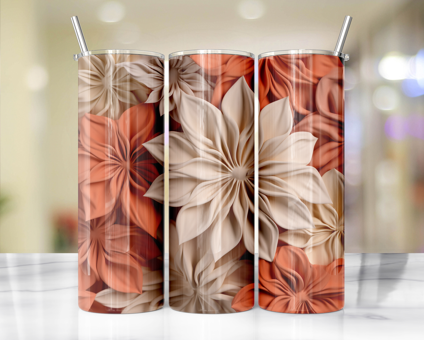 Cream And Peach Quill Flowers 8 Sublimation or Waterslide Wrap - 20oz and 30oz