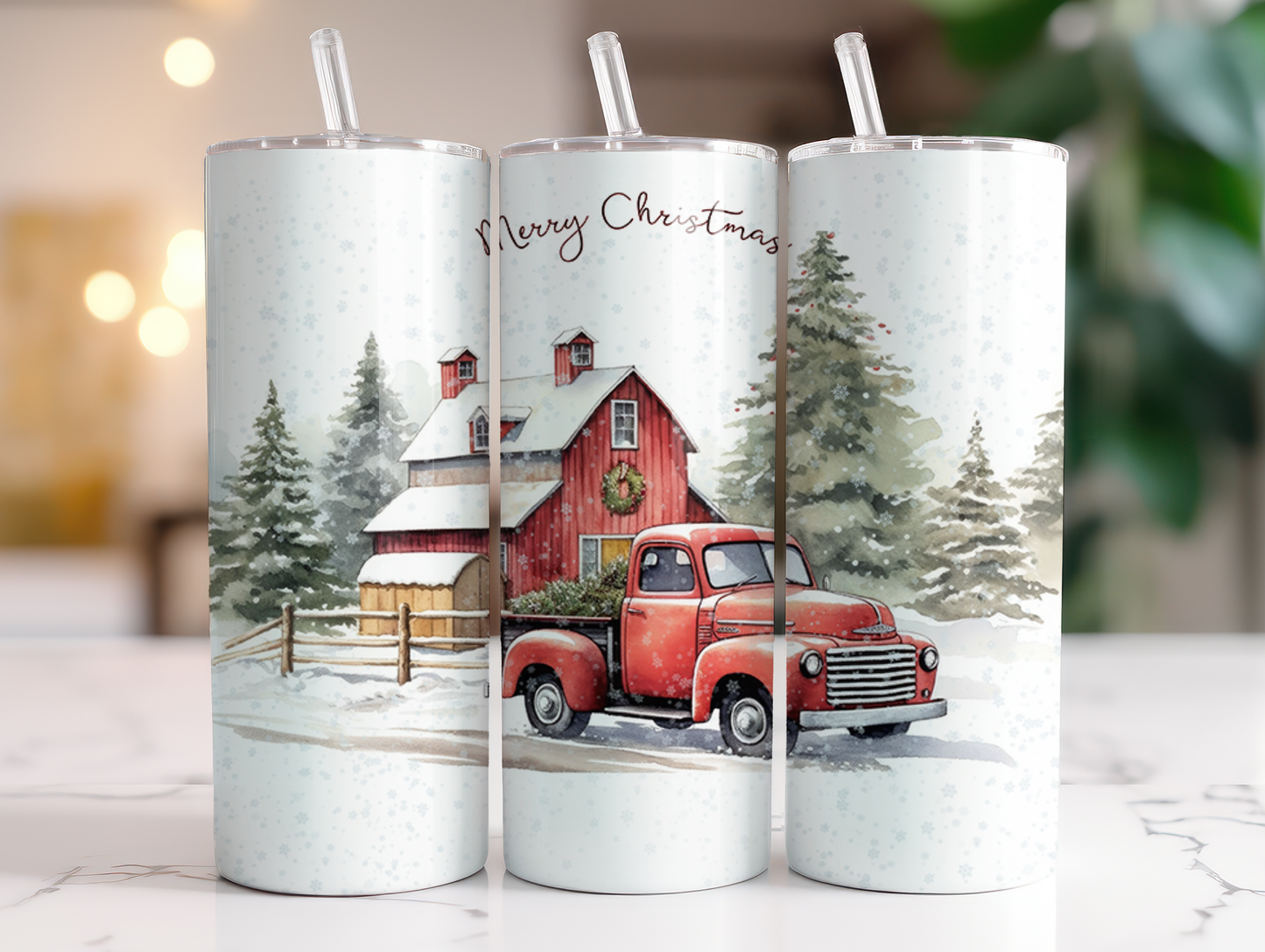 Merry Christmas Red Truck - Sublimation or Waterslide Wrap - 20oz and 30oz