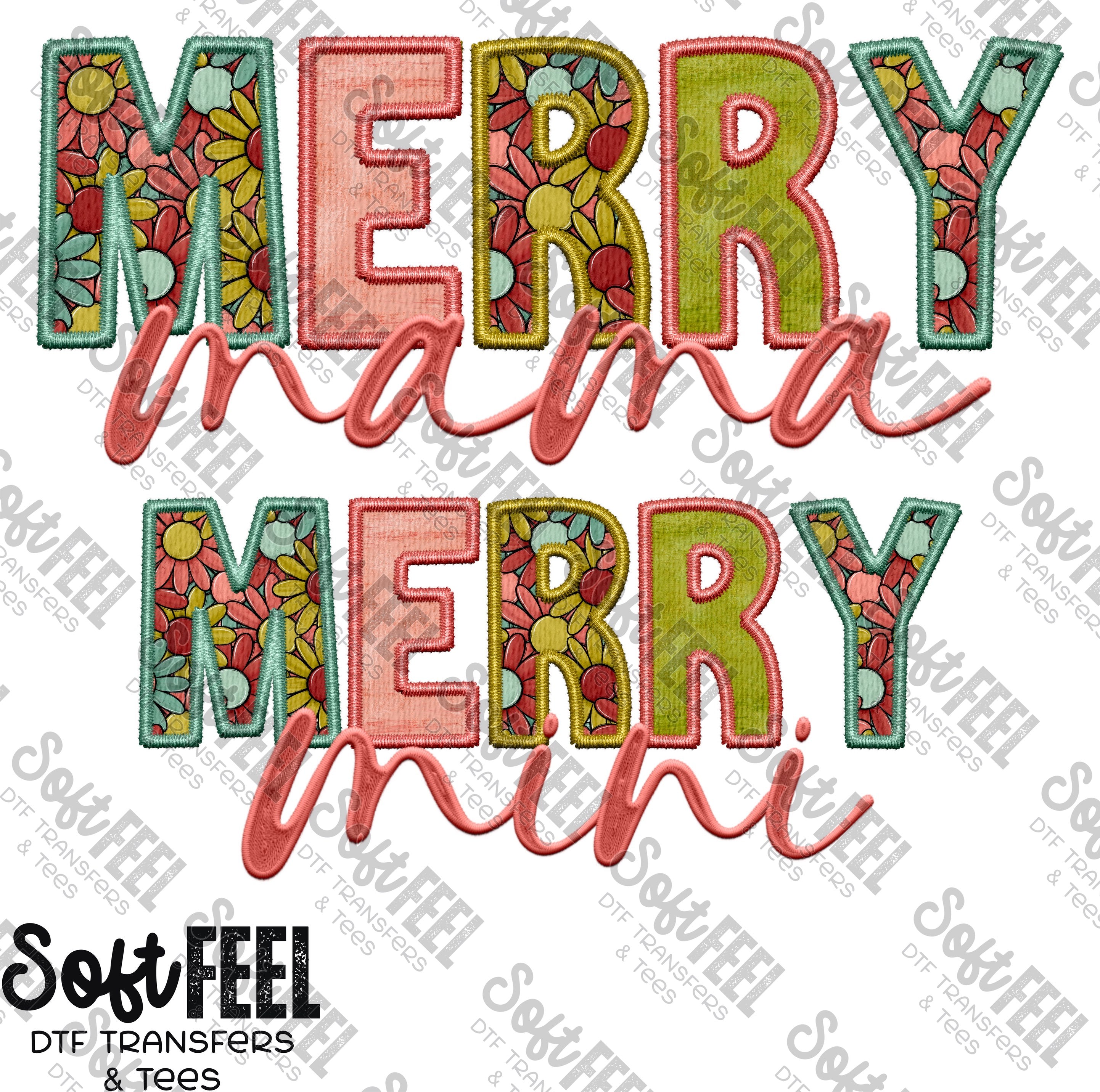 Merry Mama Merry Mini Faux Embroidery Christmas - Mama Mini Set / Youth / Women&#39;s - Direct To Film Transfer / DTF - Heat Press Clothing Transfer