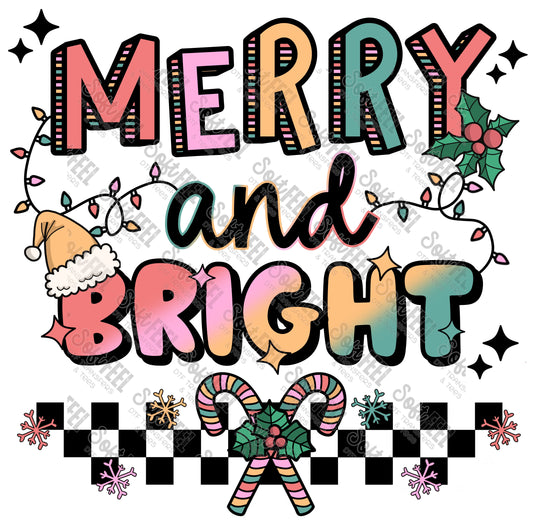 Merry Bright - Christmas / Retro / Women's / Youth - Direct To Film Transfer / DTF - Heat Press Clothing Transfer