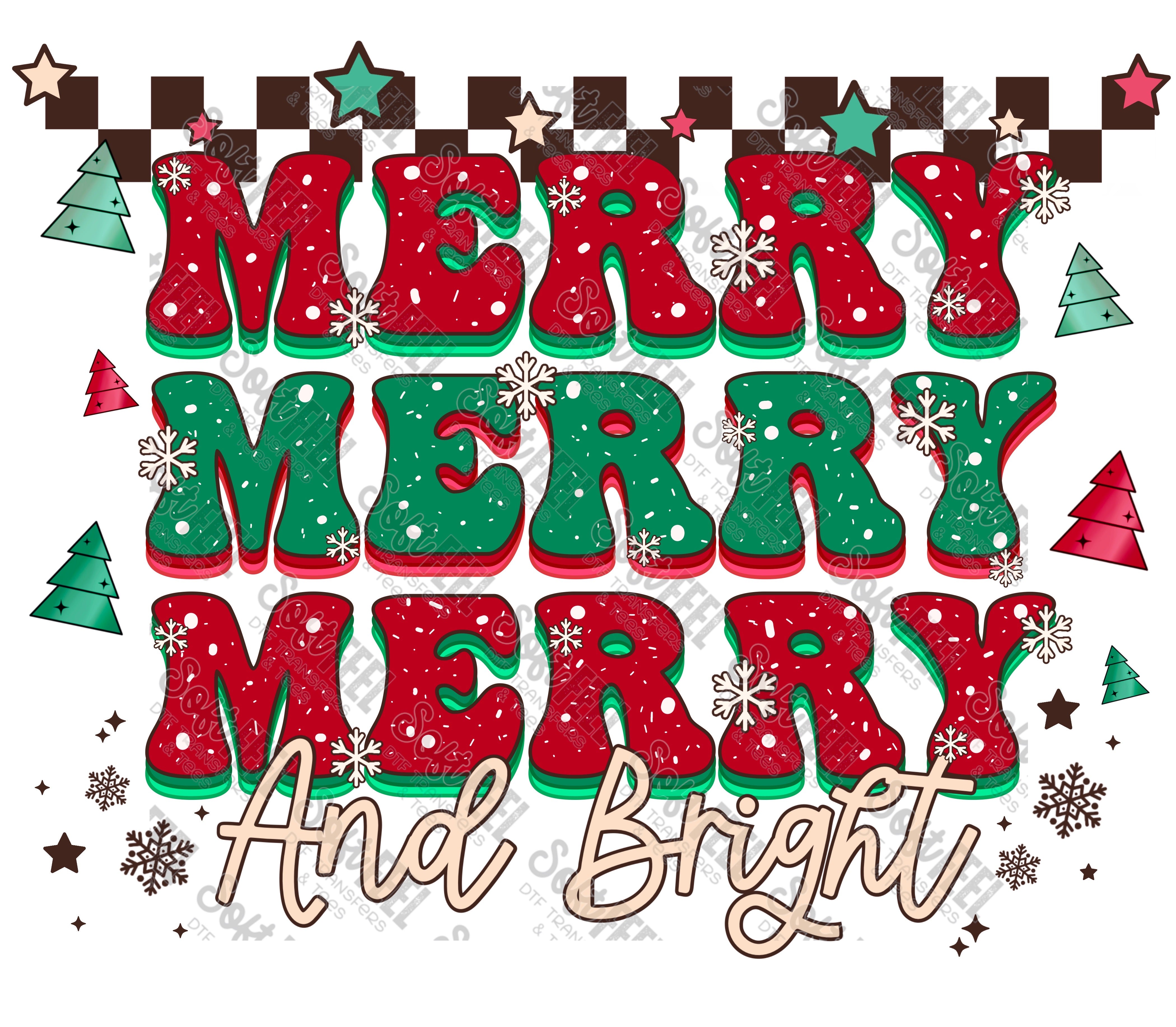 Merry Merry Bright - Women&#39;s / Christmas / Retro / Youth - Direct To Film Transfer / DTF - Heat Press Clothing Transfer