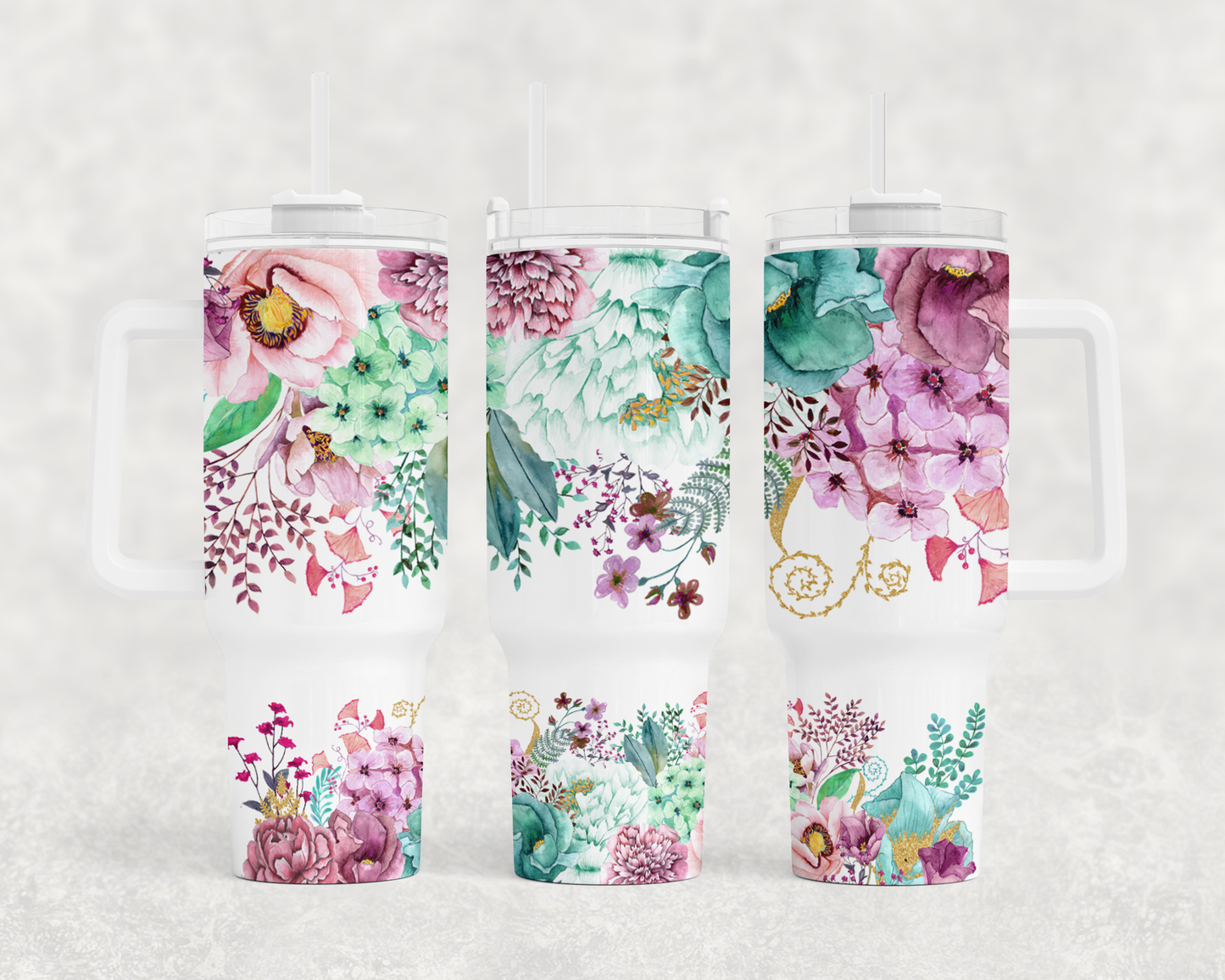 Pink Mint Floral - 40oz Handle Tumbler - Sublimation or Waterslide Wrap