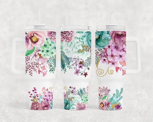 Pink Mint Floral - 40oz Handle Tumbler - Sublimation or Waterslide Wrap