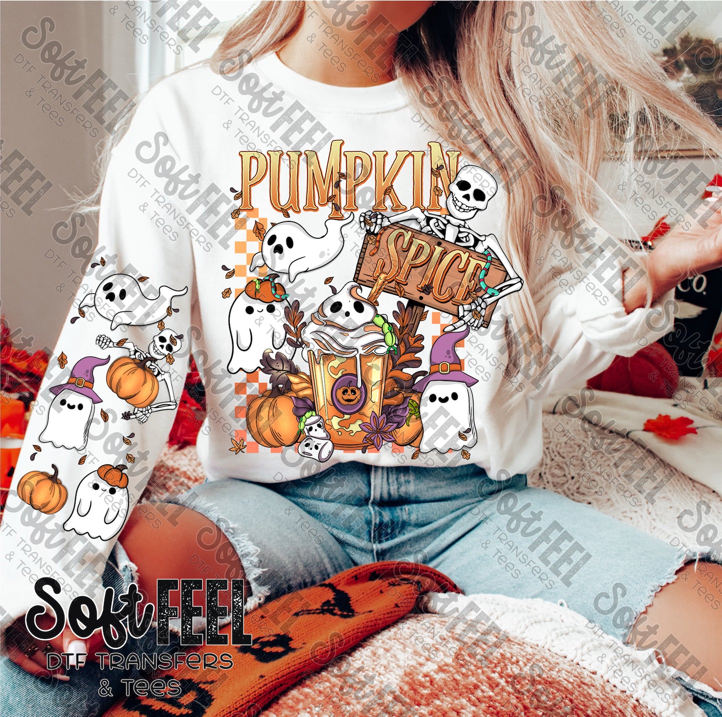 Pumpkin Spice with Sleeves - Fall - Direct To Film Transfer / DTF - Heat Press Clothing Transfer