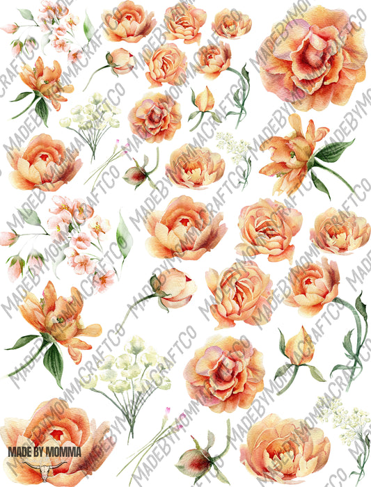 Peach Peony Flowers and Elements - Cheat Clear Waterslide ™ or Sticker Themed Sheet  Elements Sheet