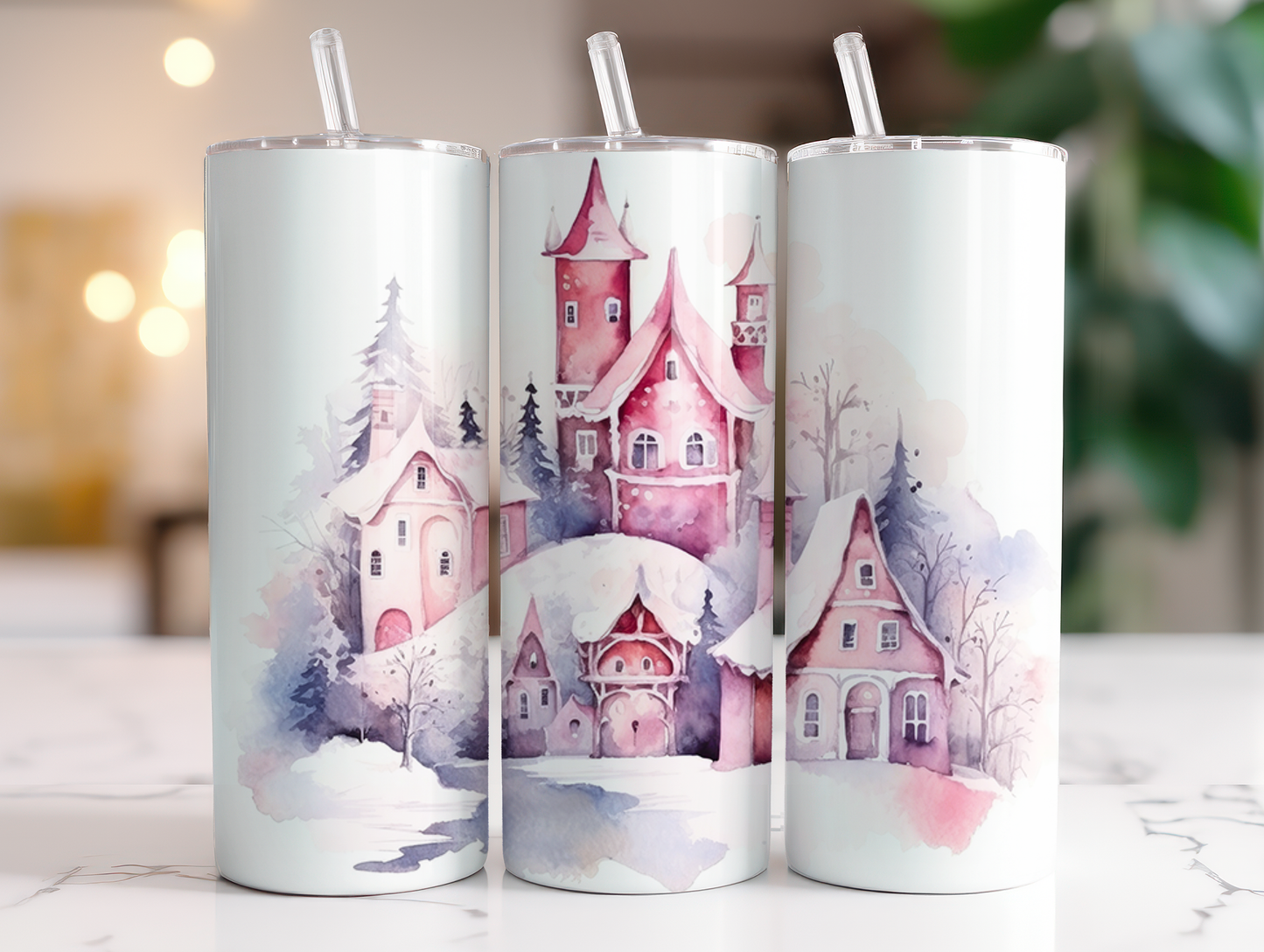 Pink Christmas Castle - Sublimation or Waterslide Wrap - 20oz and 30oz