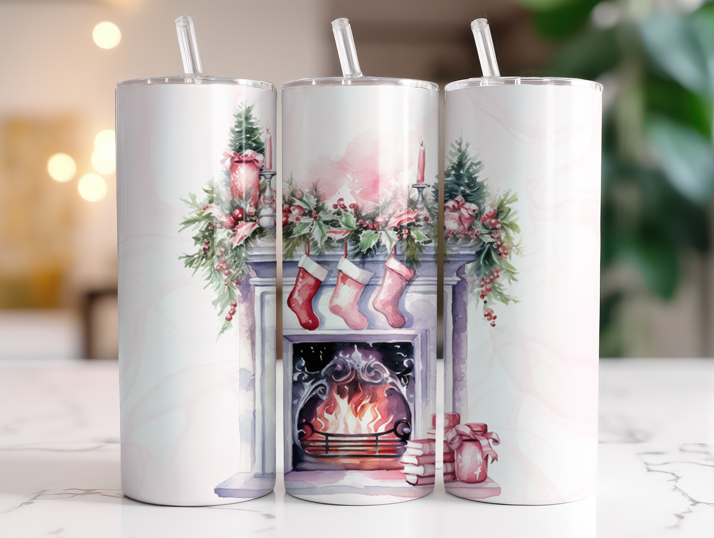 Pink Christmas Fireplace Stockings - Sublimation or Waterslide Wrap - 20oz and 30oz