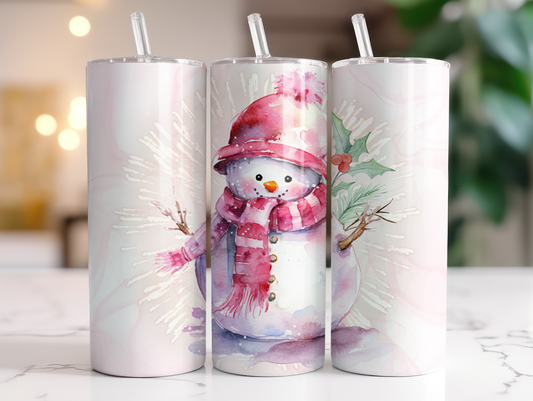 Pink Christmas Snowman - Sublimation or Waterslide Wrap - 20oz and 30oz