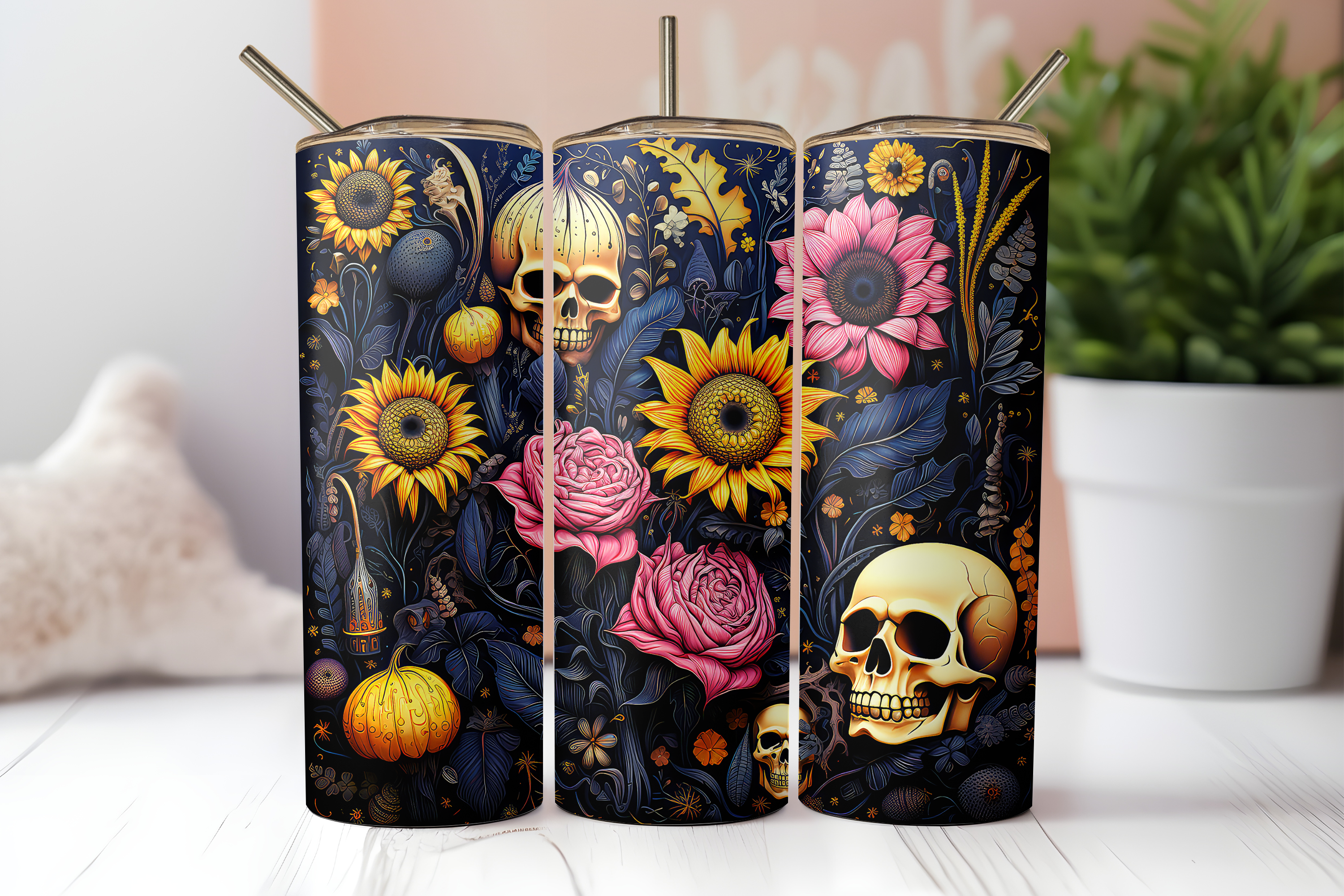 Pumpkin Sun Skulls - Halloween - Sublimation or Waterslide Wrap - 20oz and 30oz