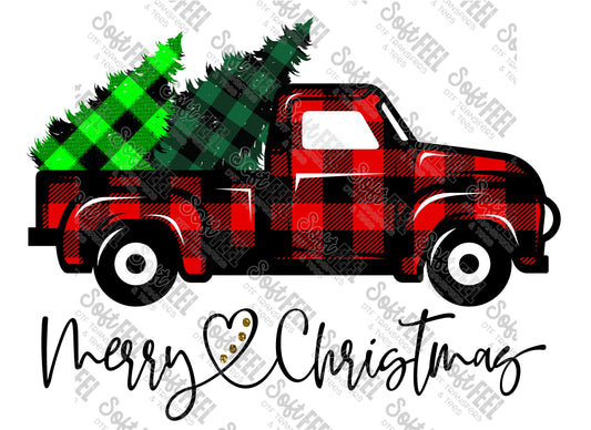 Red Plaid Truck Green Plaid Trees Merry Christmas - Women's / Christmas - Direct To Film Transfer / DTF - Heat Press Clothing Transfer