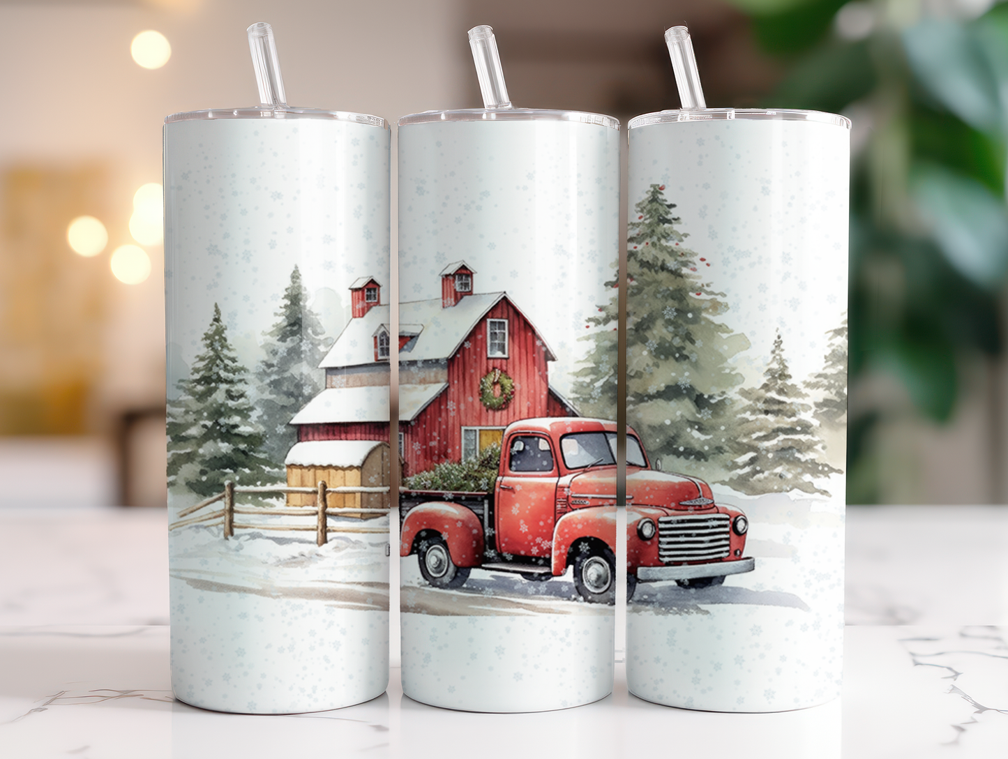 Red Truck Christmas Scene - Sublimation or Waterslide Wrap - 20oz and 30oz