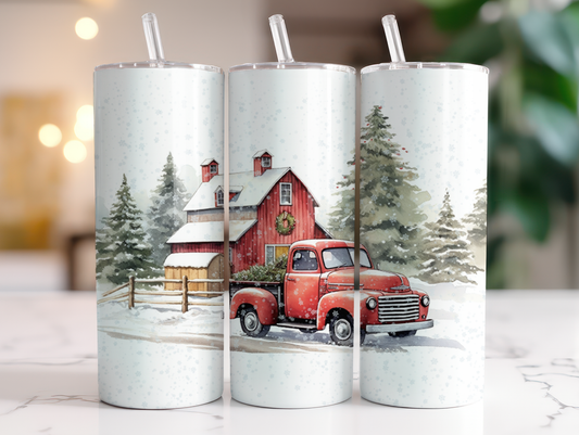 Red Truck Christmas Scene - Sublimation or Waterslide Wrap - 20oz and 30oz