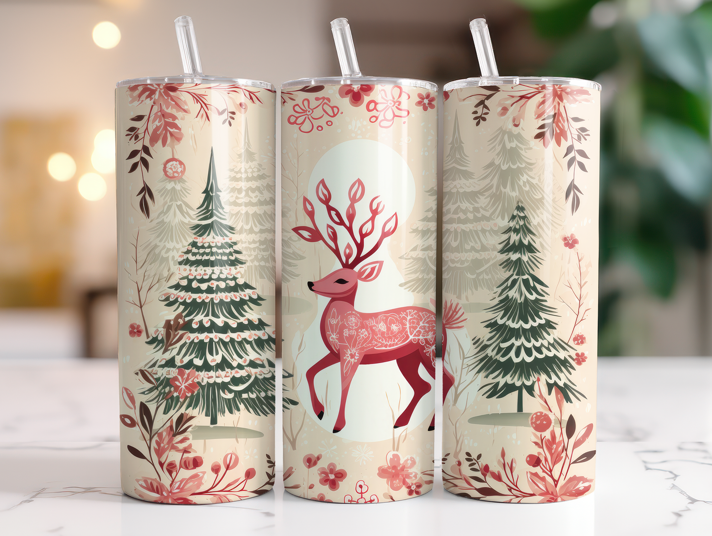 Pink Reindeer - Sublimation or Waterslide Wrap - 20oz and 30oz