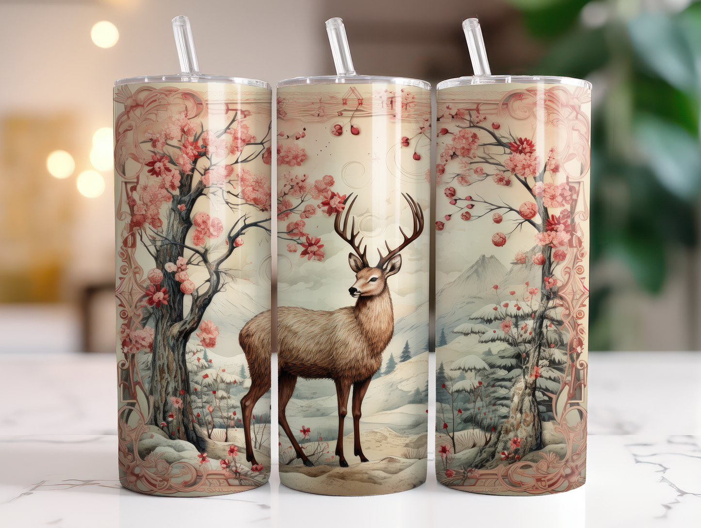 Reindeer Pink Floral - Sublimation or Waterslide Wrap - 20oz and 30oz