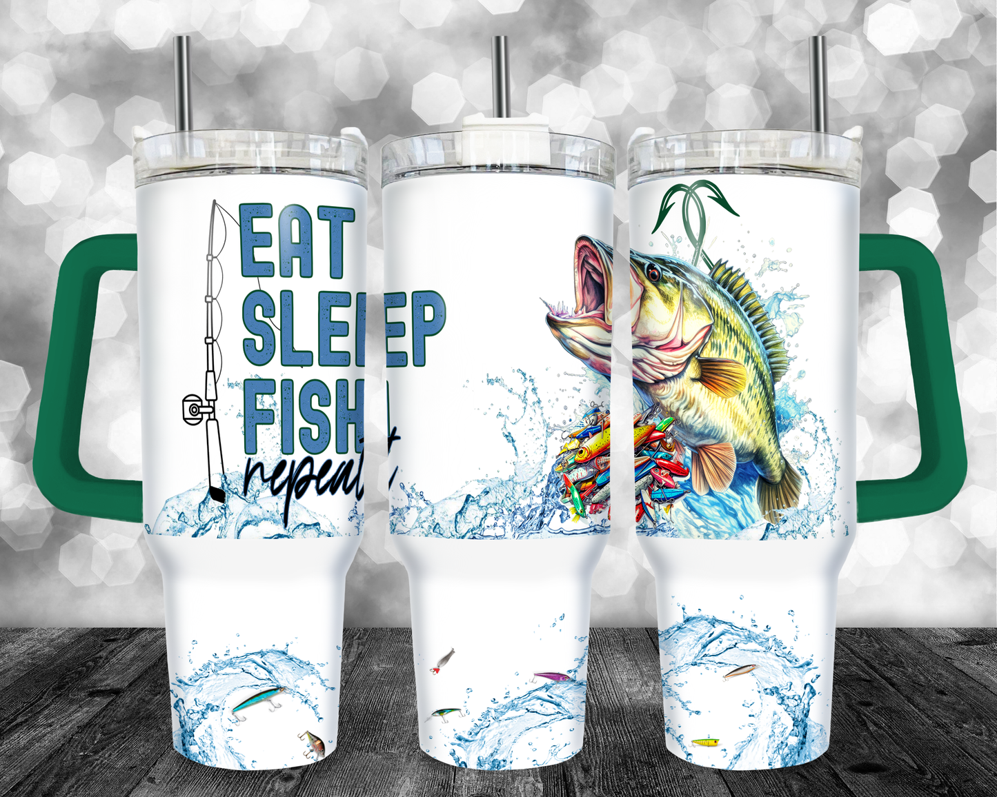 Eat Sleep Fish Repeat - 40oz Handle Tumbler - Sublimation or Waterslide Wrap