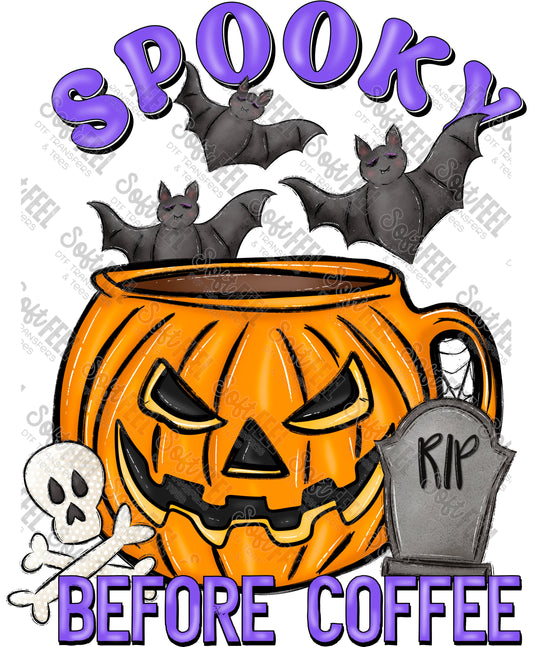 Spooky Before Coffee - Halloween / Horror - Direct To Film Transfer / DTF - Heat Press Clothing Transfer