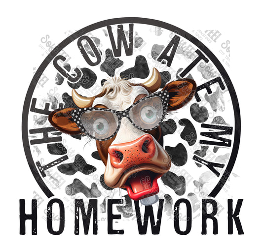 The Cow Ate My Homework - School and Teacher / Youth / Snarky / Humor / Country Western - Direct To Film Transfer / DTF - Heat Press Clothing Transfer