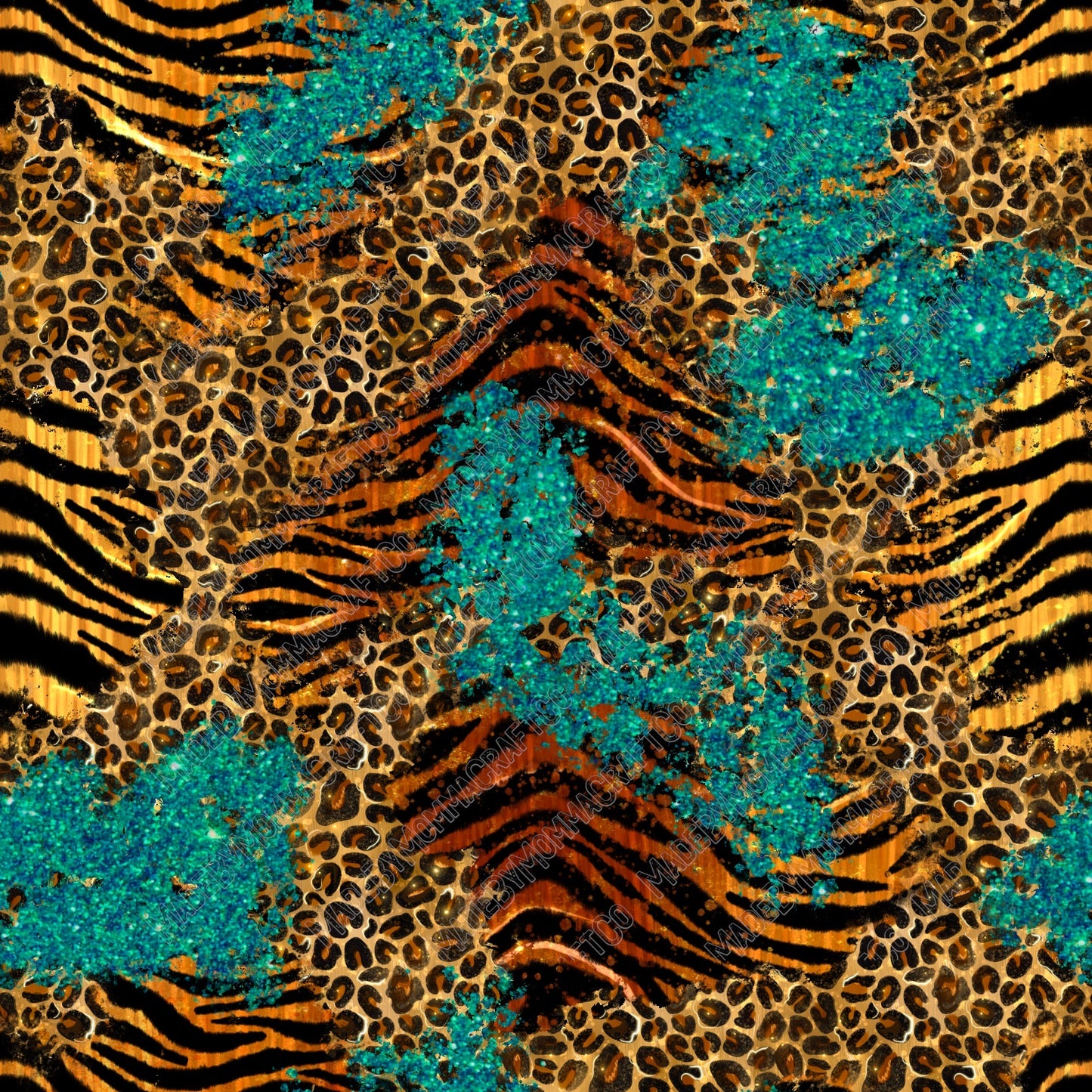 Tiger Leopard Turquoise Glitter - Vinyl Or Waterslide Seamless Wrap