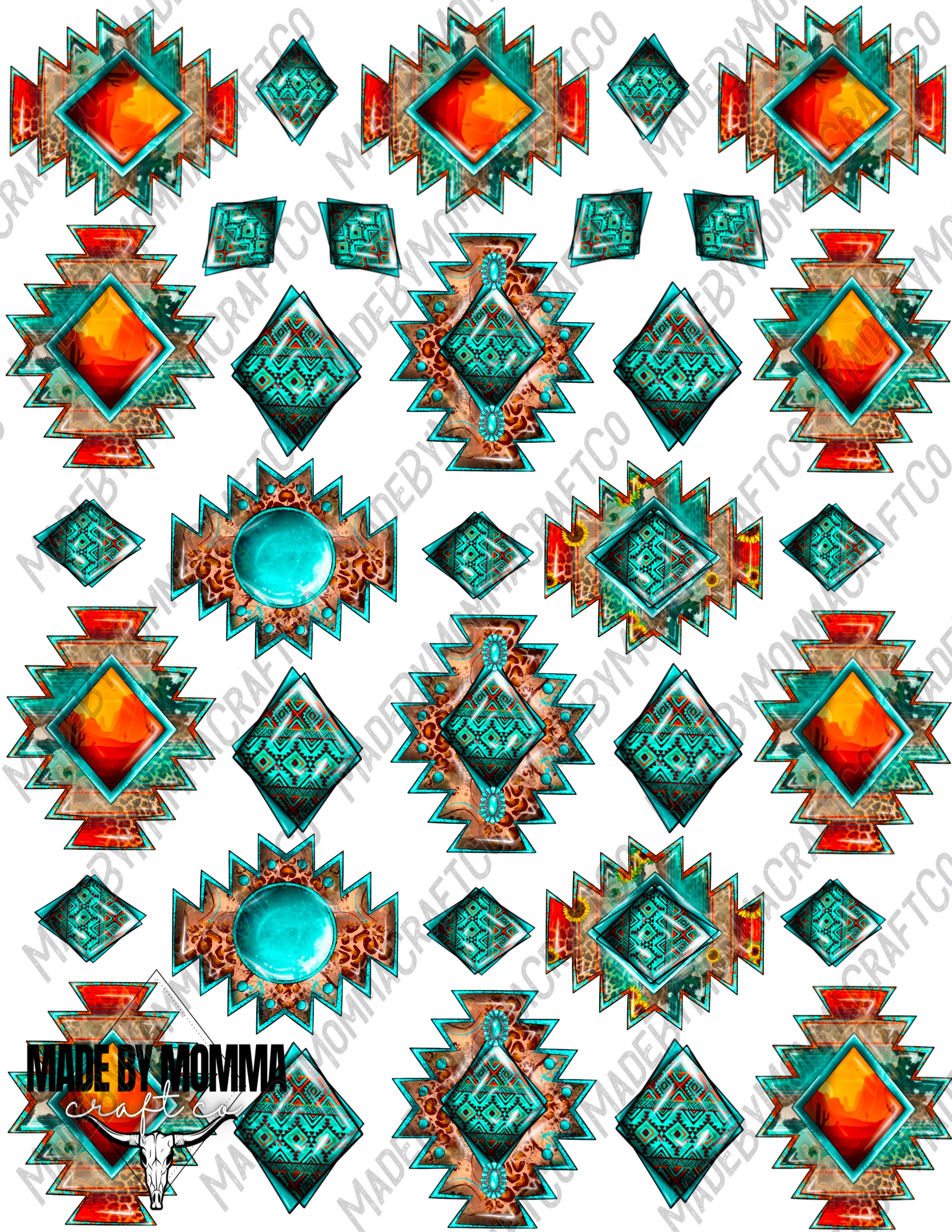 Turquoise Southwestern Conchos Aztec Pattern - Cheat Clear Waterslide ™ or Sticker Themed Sheet  Elements Sheet
