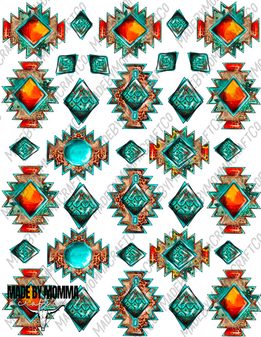 Turquoise Southwestern Conchos Aztec Pattern - Cheat Clear Waterslide ™ or Sticker Themed Sheet  Elements Sheet