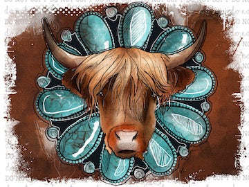 Turquoise Highland Cow - Country Western - Cheat Clear Waterslide™ or White Cast Sticker