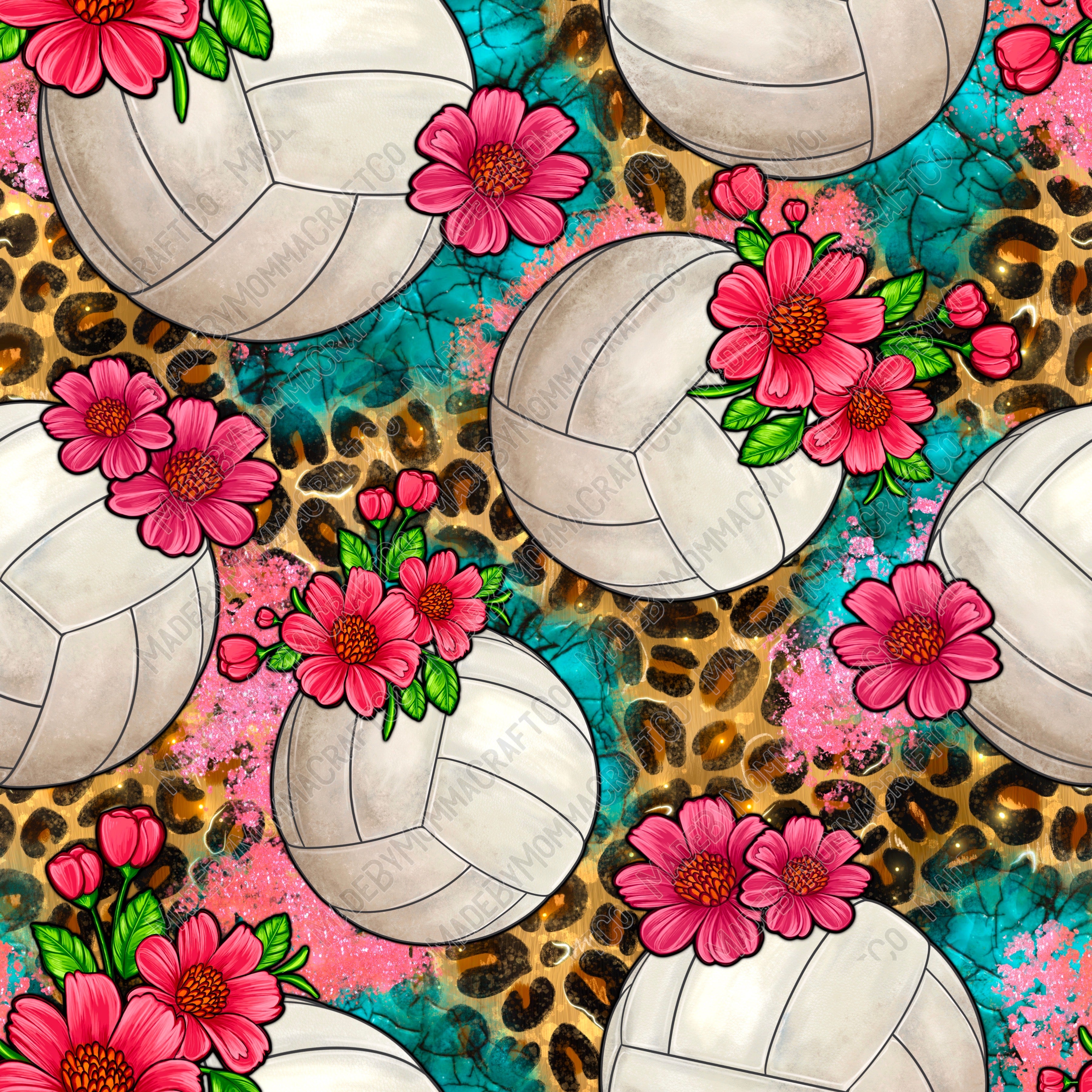 Volleyball And Pink Flowers With Leopard - Vinyl Or Waterslide Seamless Wrap