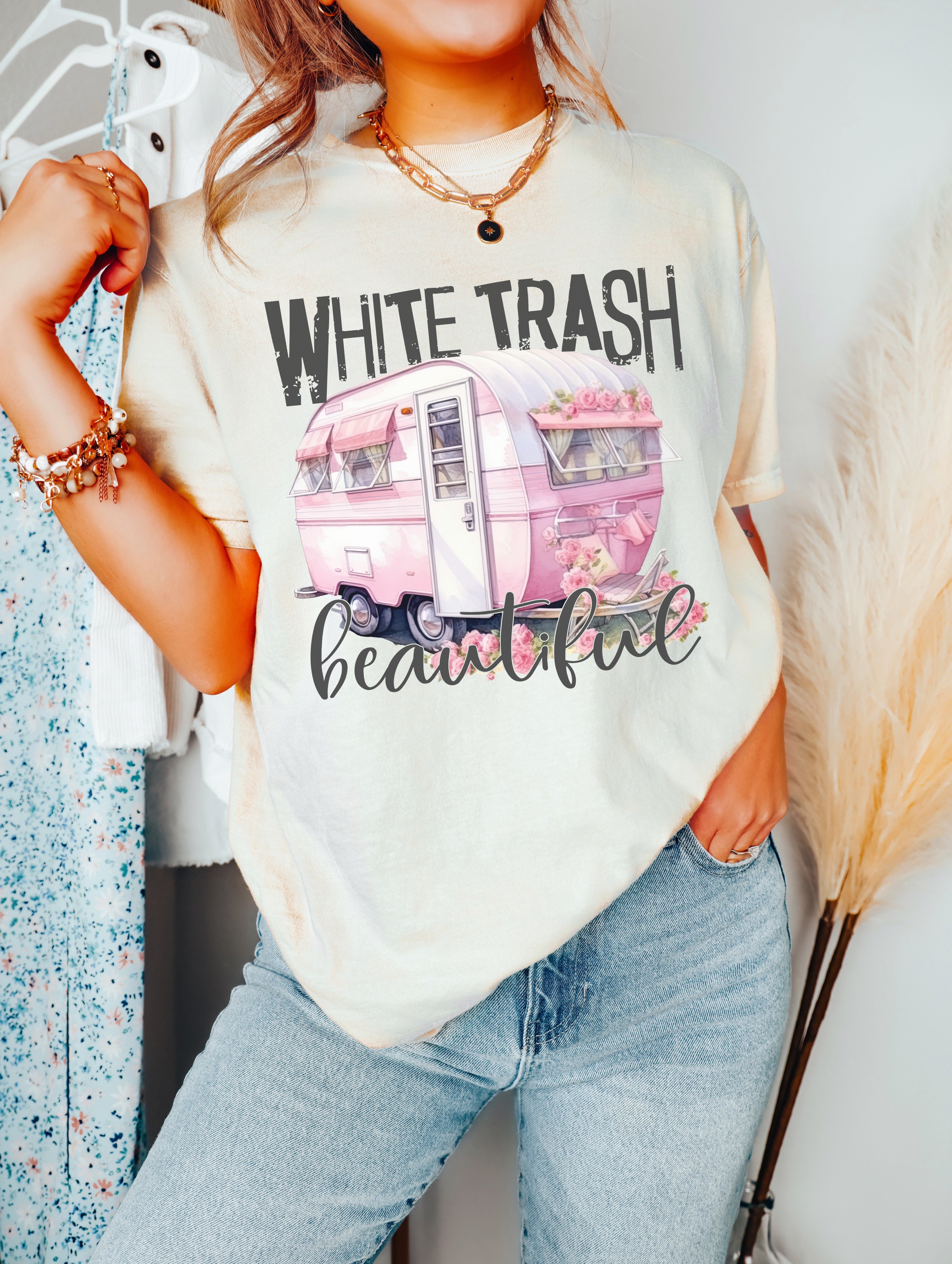 WHITE TRASH BEAUTIFUL - Women&#39;s - Direct To Film Transfer / DTF - Heat Press Clothing Transfer