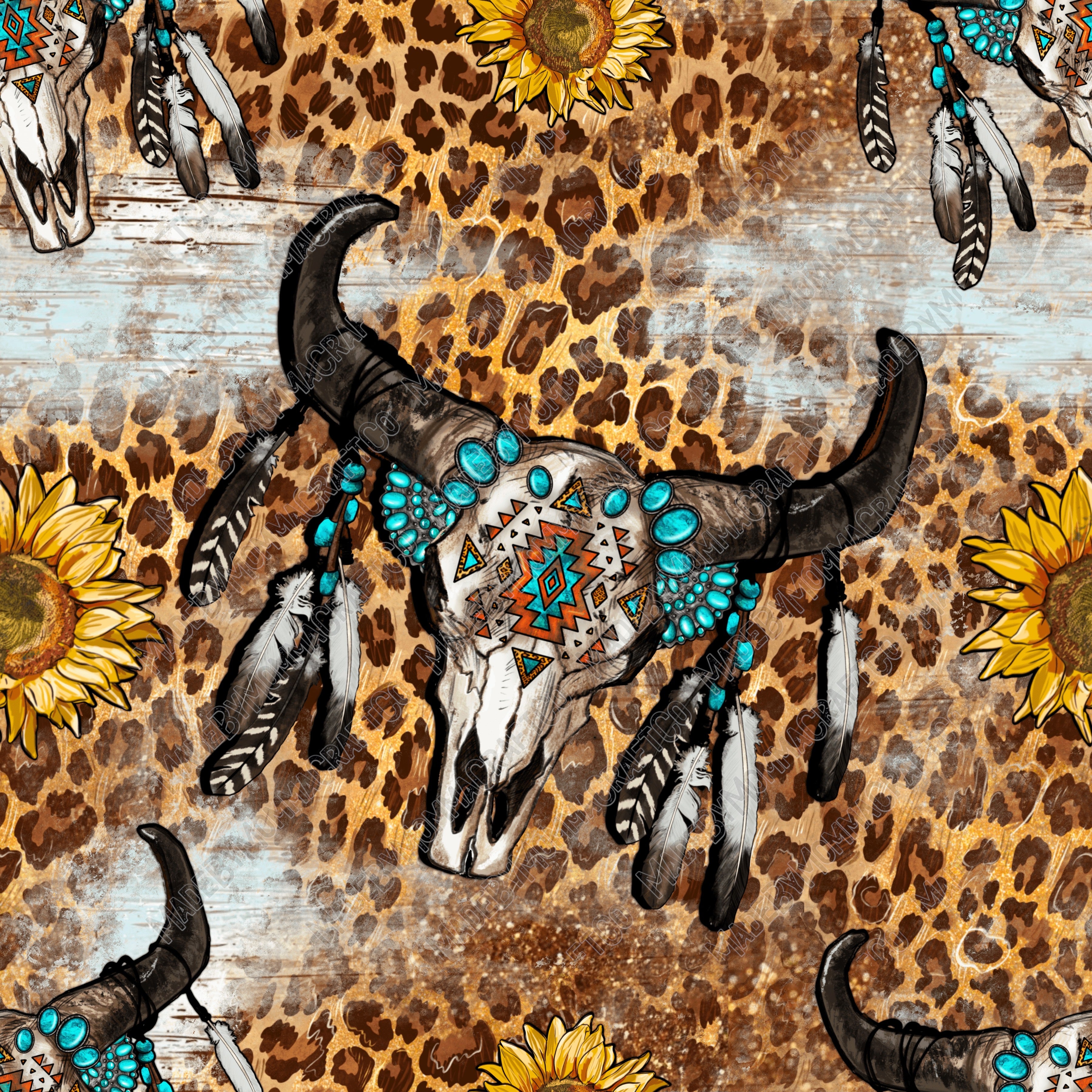 Western Bull Skull And Sunflower With Leopard - Vinyl Or Waterslide Seamless Wrap
