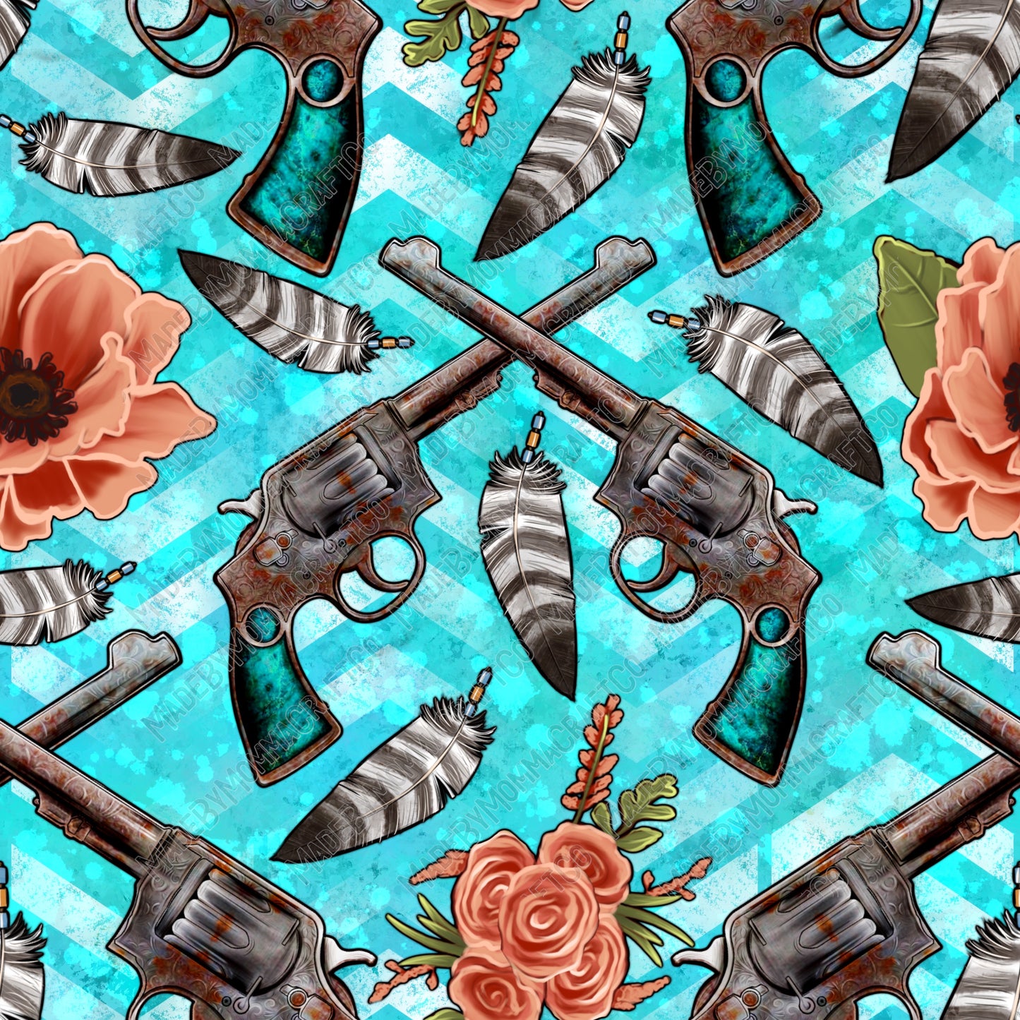 Western Cowboy Guns And Flowers With Feathers - Vinyl Or Waterslide Seamless Wrap