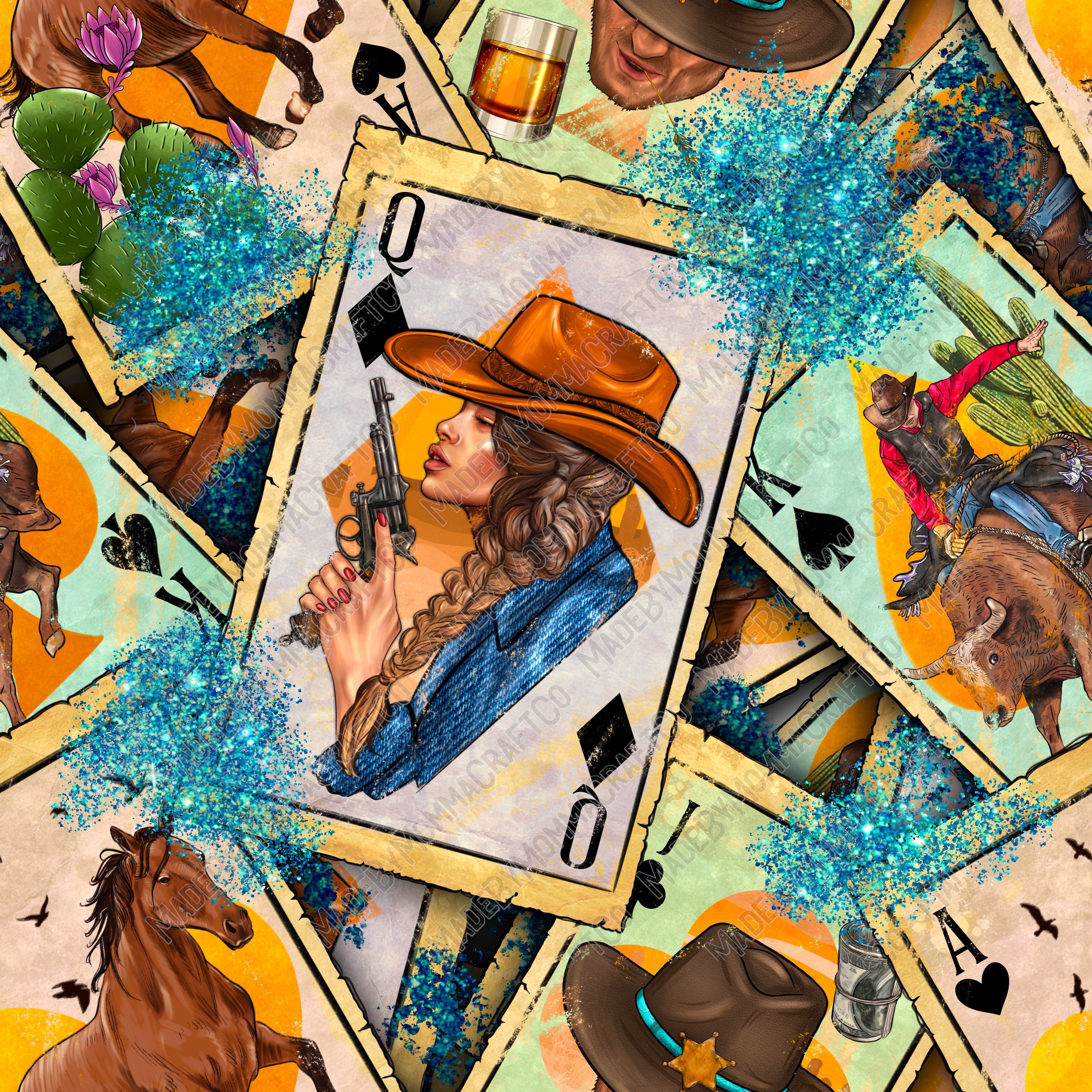 Western Rodeo Playing Cards And Turquoise - Vinyl Or Waterslide Seamless Wrap
